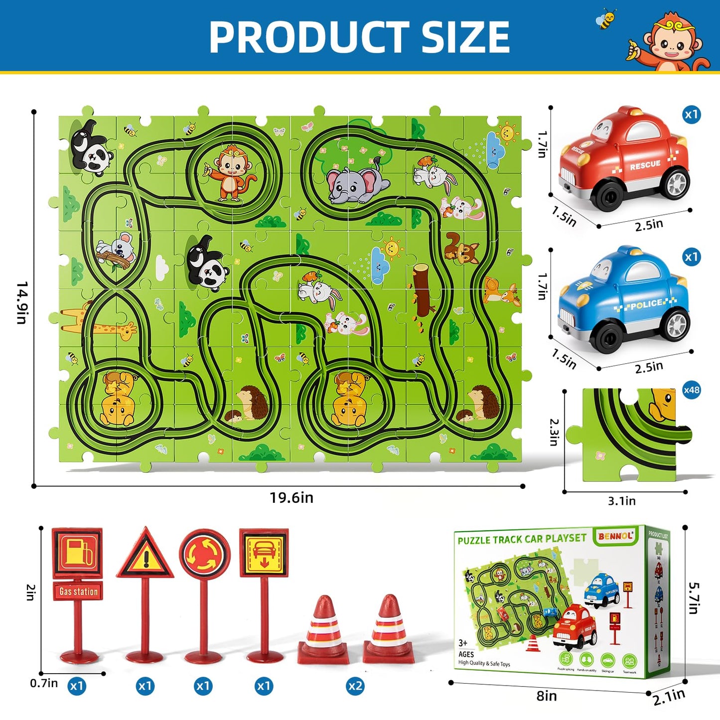 Bennol 56-Piece Puzzle Race Track Car Set for Toddlers & Kids