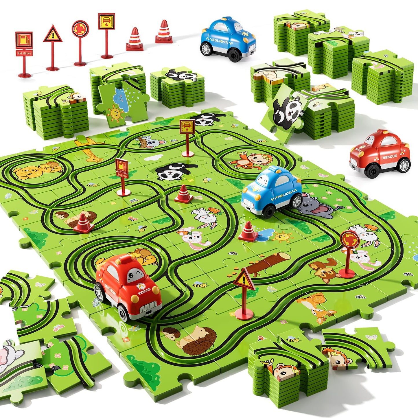 Bennol 56-Piece Puzzle Race Track Car Set for Toddlers & Kids