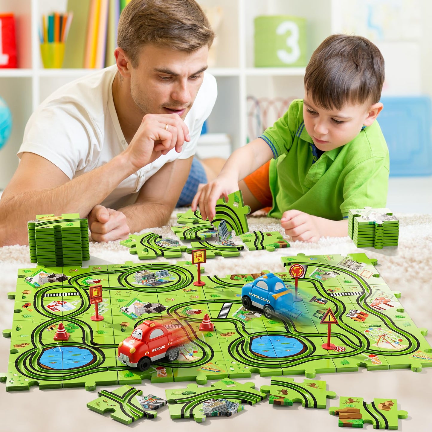 Bennol 56-Piece Jigsaw Puzzle Race Track Car Set for Toddlers (Ages 2–6)