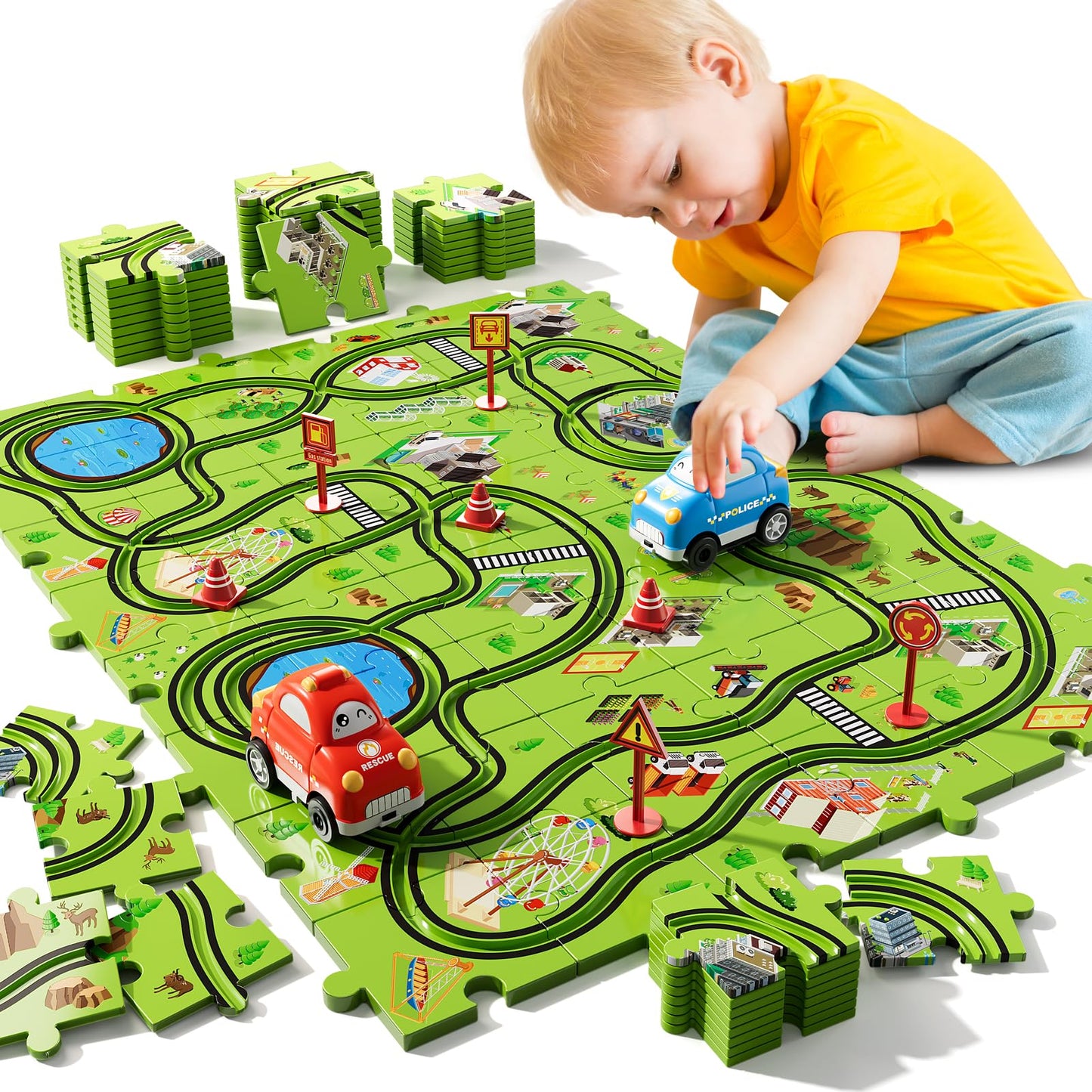 Bennol 56-Piece Jigsaw Puzzle Race Track Car Set for Toddlers (Ages 2–6)