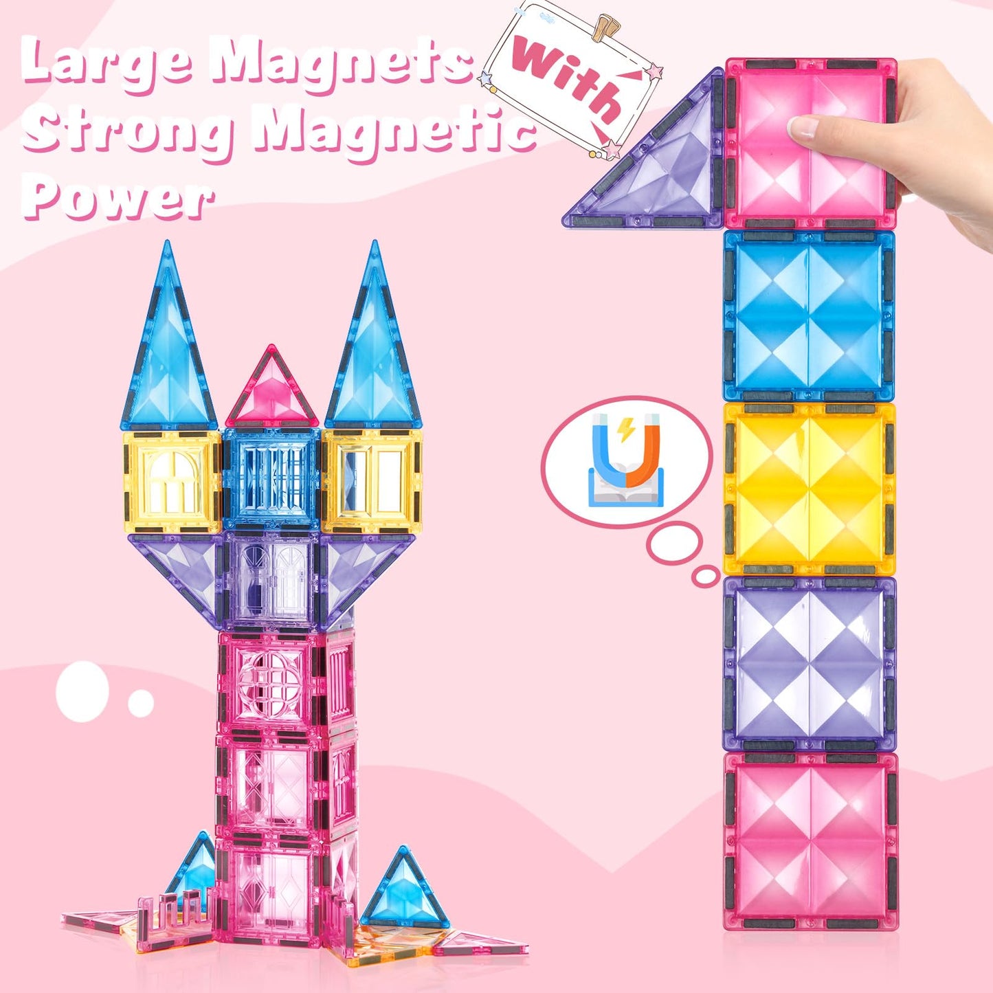 BENOKER Pink Castle Magnetic Tiles – 58-Piece 3D STEM Building Set for Kids Aged 3-8