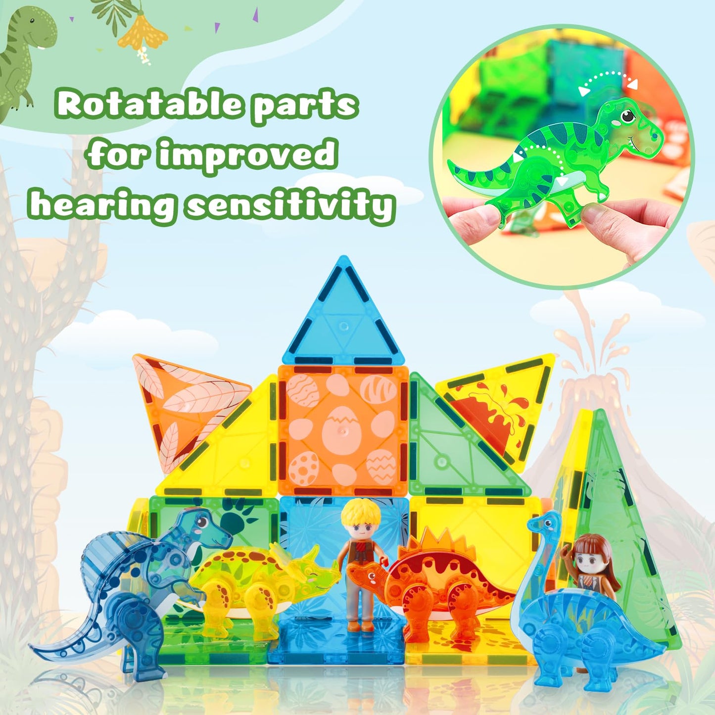 BENOKER Dinosaur Magnetic Tiles - 3D STEM Building Blocks for Kids 3-8