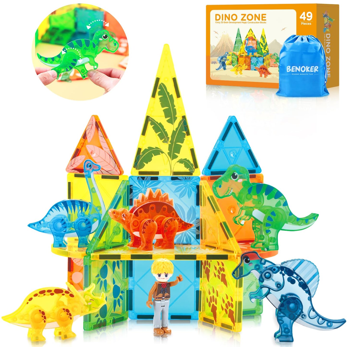 BENOKER Dinosaur Magnetic Tiles - 3D STEM Building Blocks for Kids 3-8