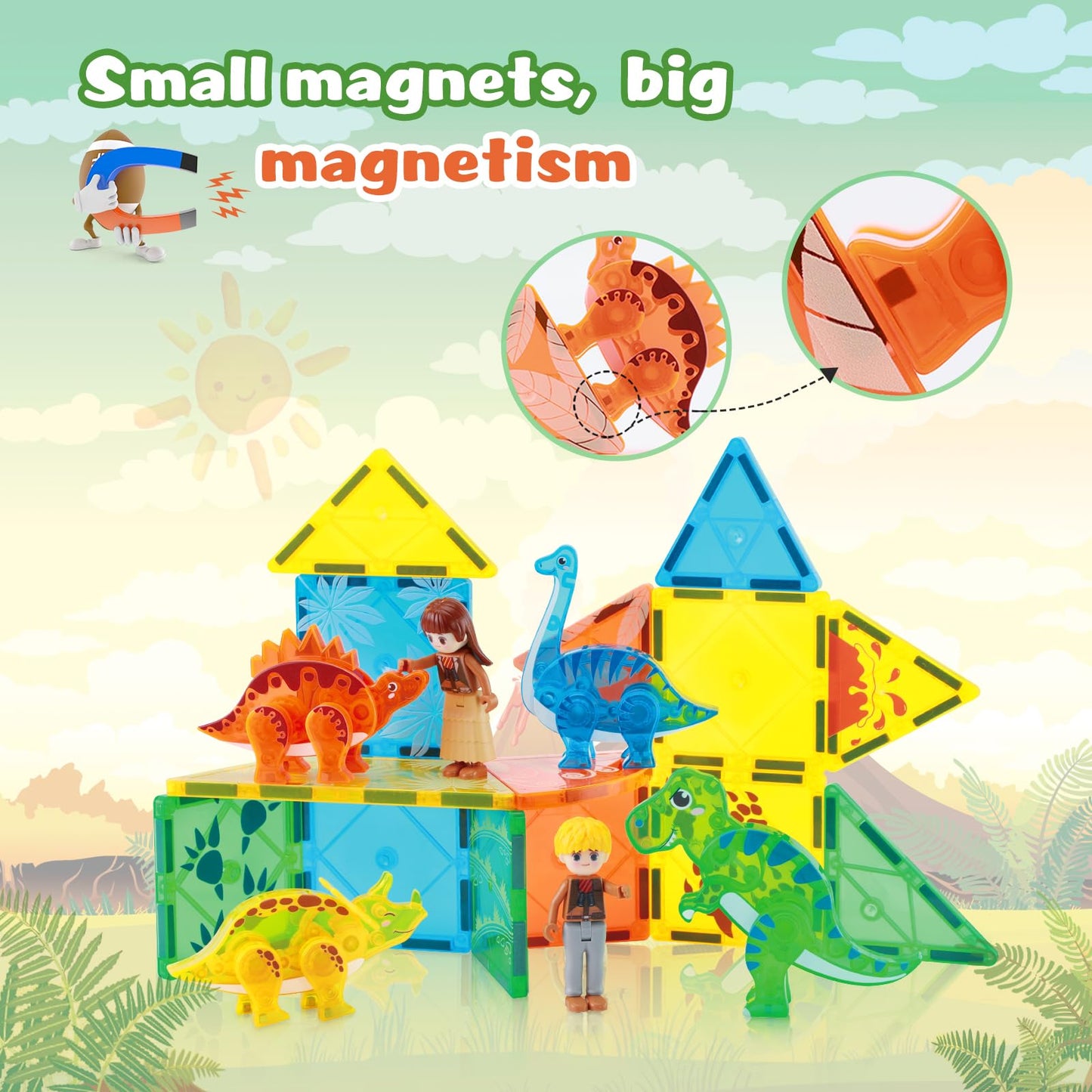 BENOKER Dinosaur Magnetic Tiles - 3D STEM Building Blocks for Kids 3-8