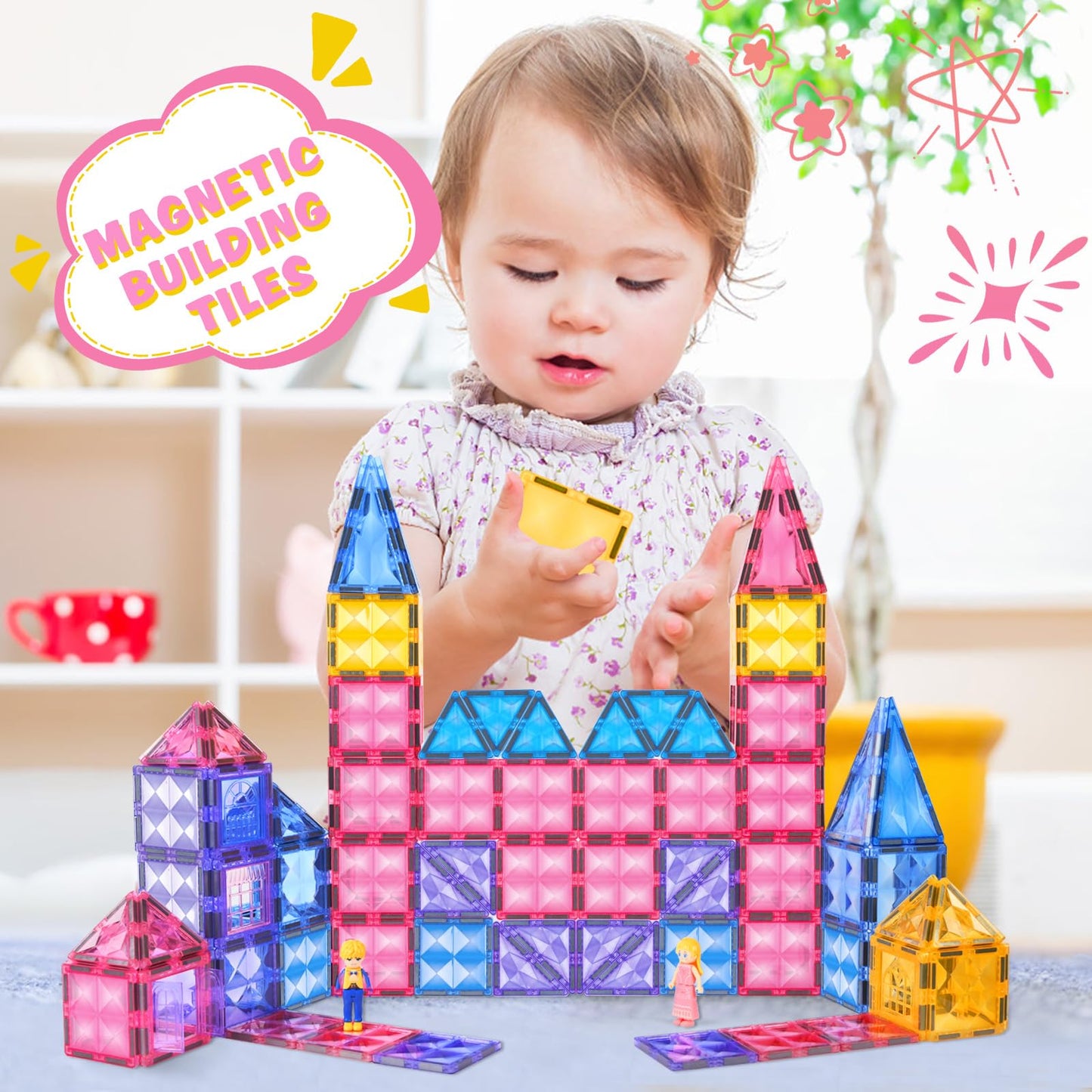 BENOKER Pink Castle Magnetic Tiles – 58-Piece 3D STEM Building Set for Kids Aged 3-8