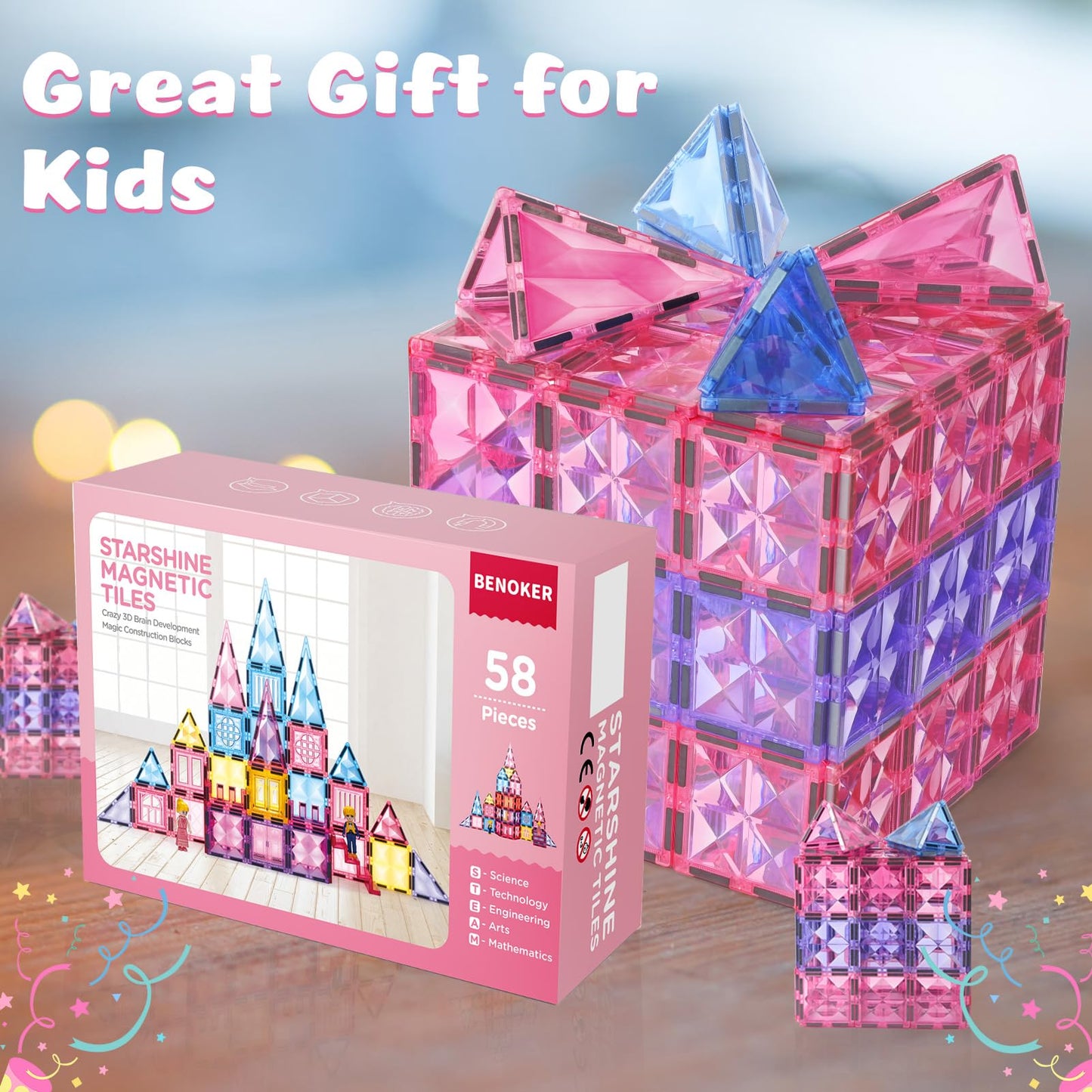BENOKER Pink Castle Magnetic Tiles – 58-Piece 3D STEM Building Set for Kids Aged 3-8