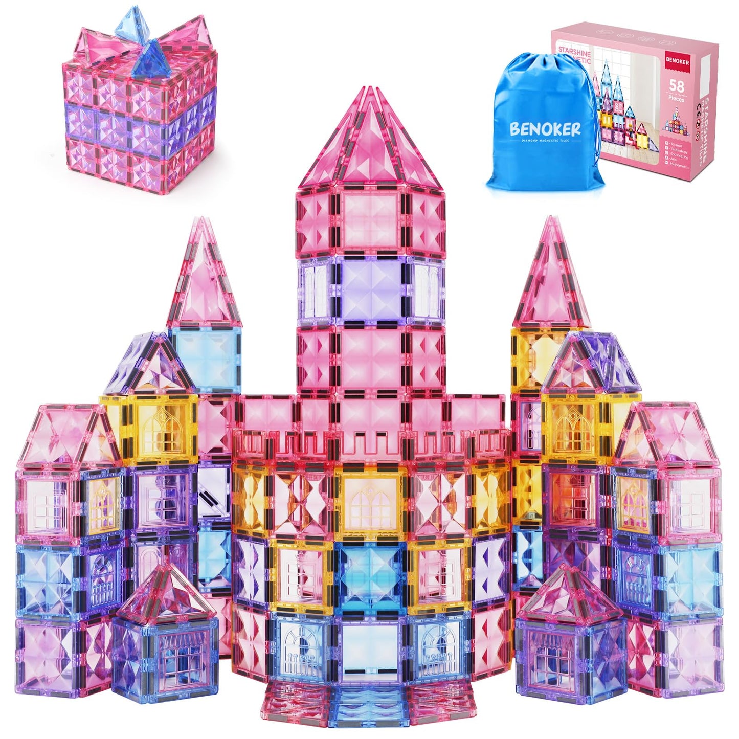 BENOKER Pink Castle Magnetic Tiles – 58-Piece 3D STEM Building Set for Kids Aged 3-8