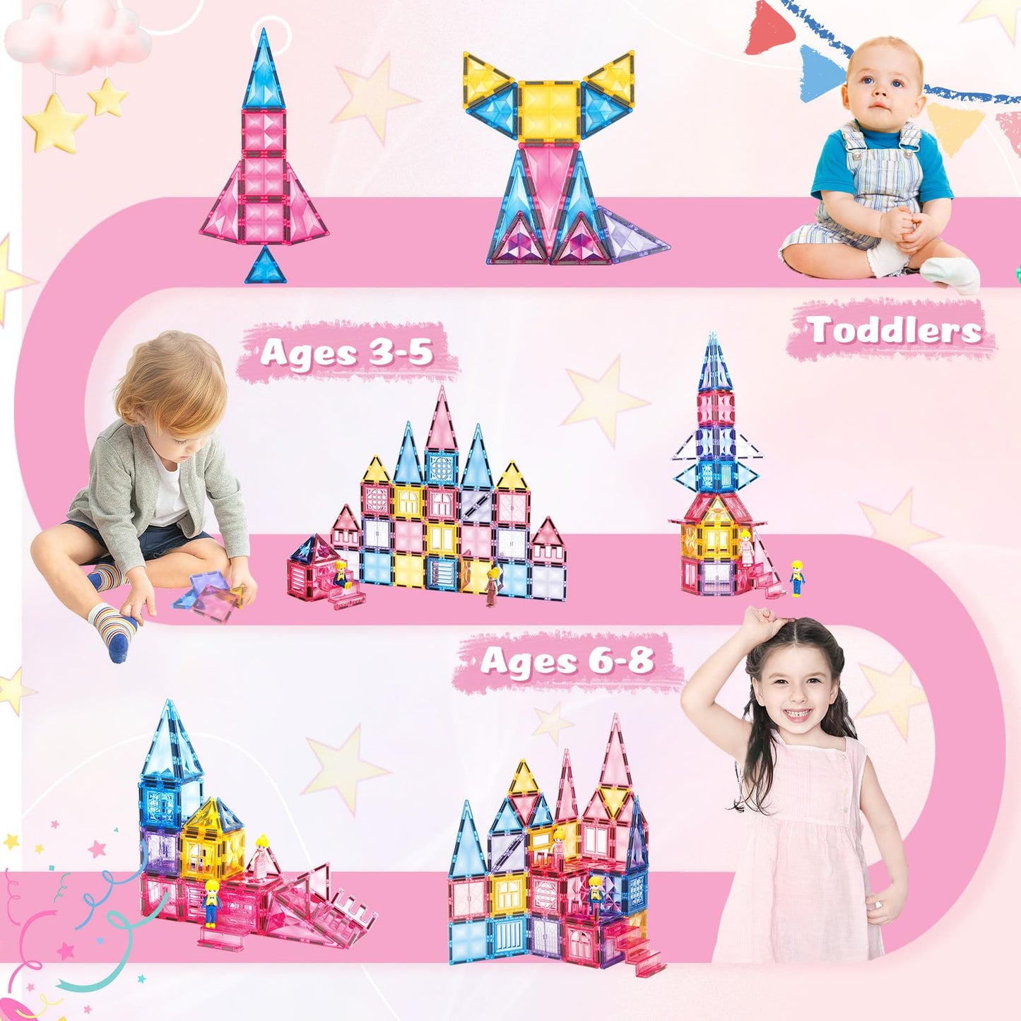 BENOKER Pink Castle Magnetic Tiles – 58-Piece 3D STEM Building Set for Kids Aged 3-8