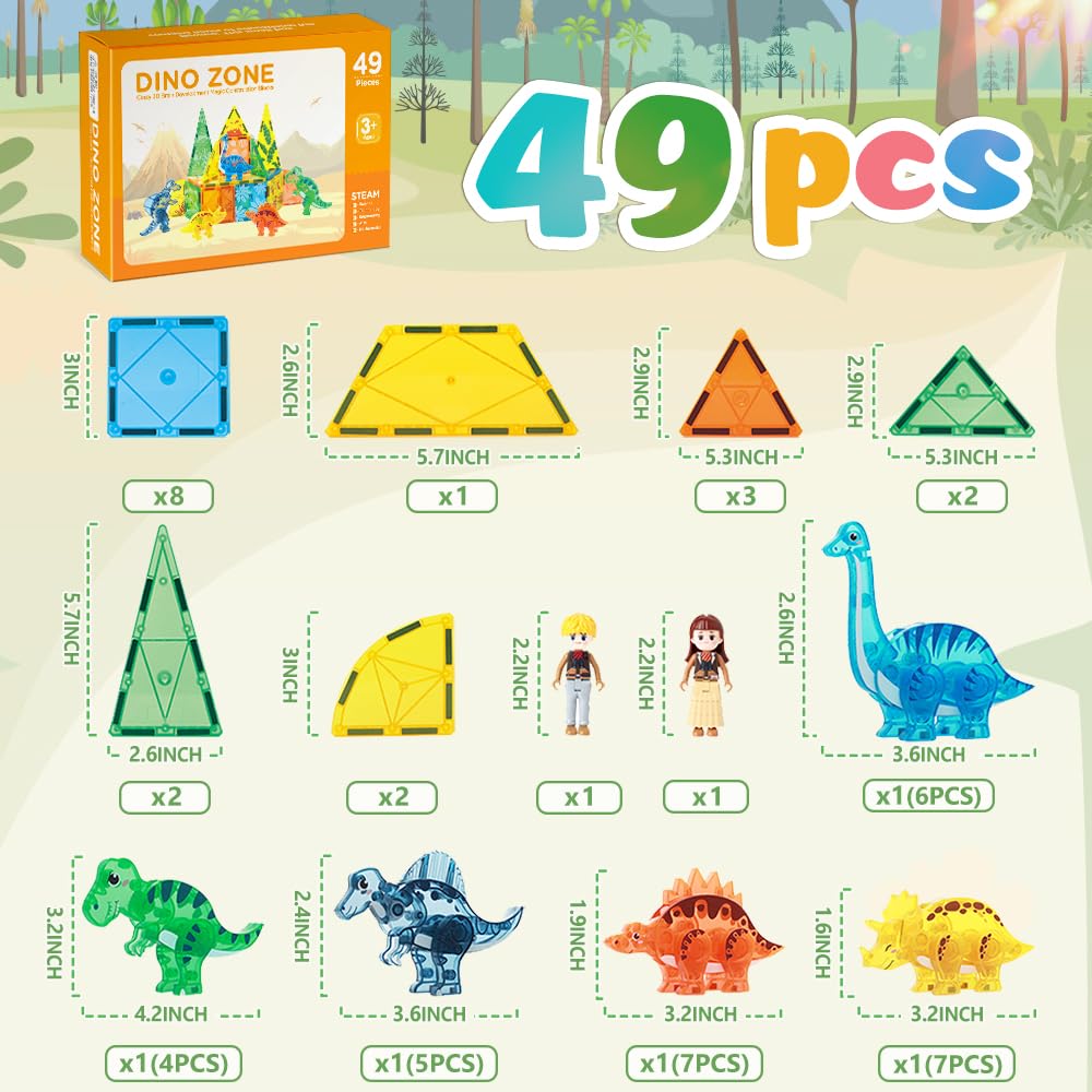 BENOKER Dinosaur Magnetic Tiles - 3D STEM Building Blocks for Kids 3-8