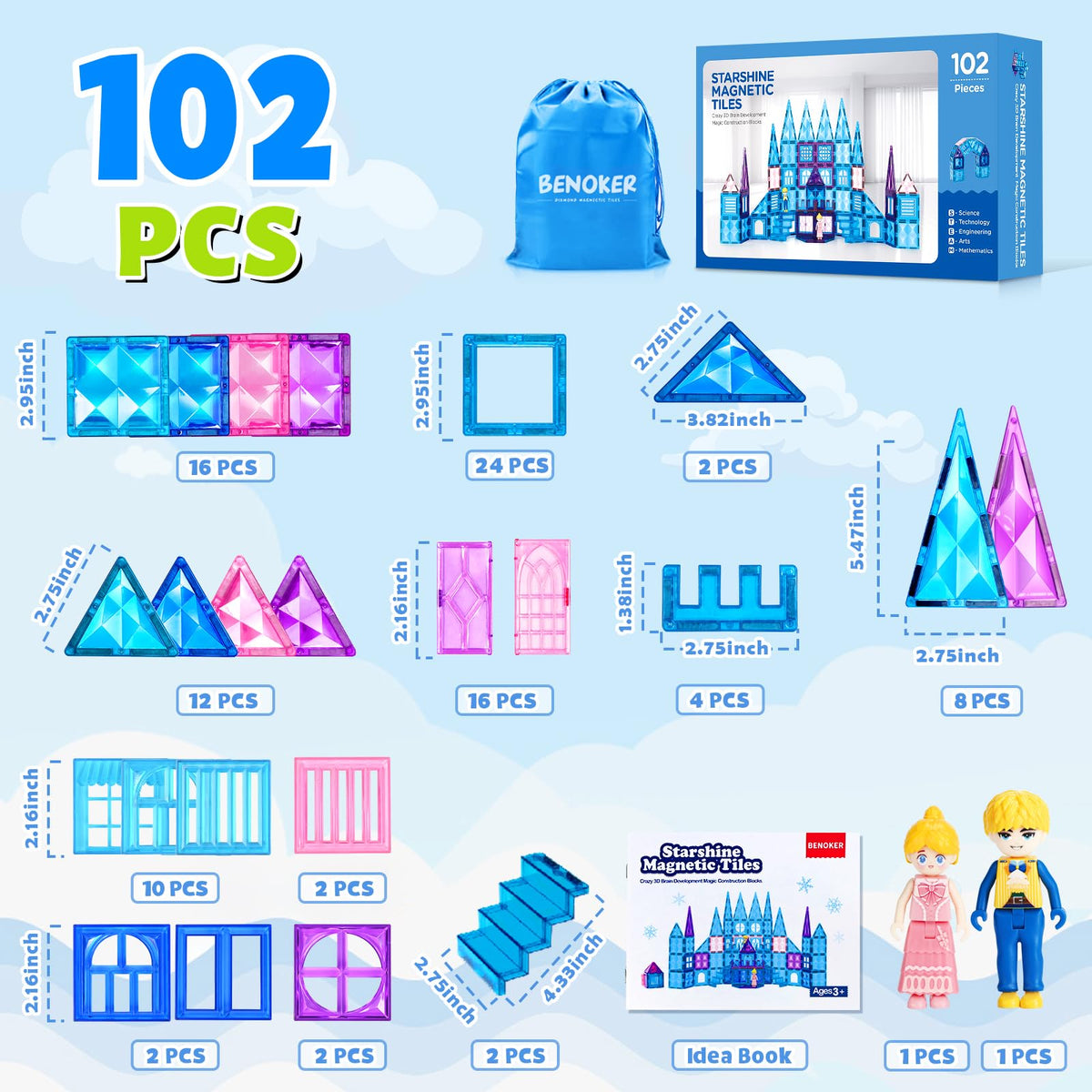 BENOKER Castle Magnetic Tiles – 102-Piece STEM Building Set for Kids
