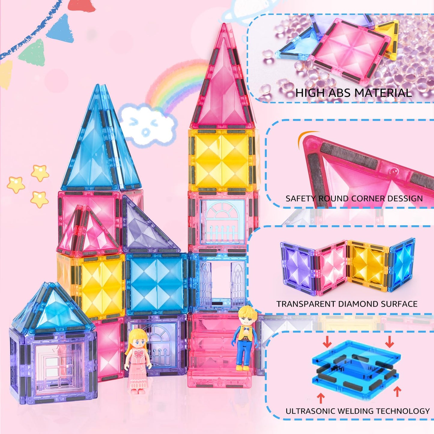 BENOKER Pink Castle Magnetic Tiles – 58-Piece 3D STEM Building Set for Kids Aged 3-8