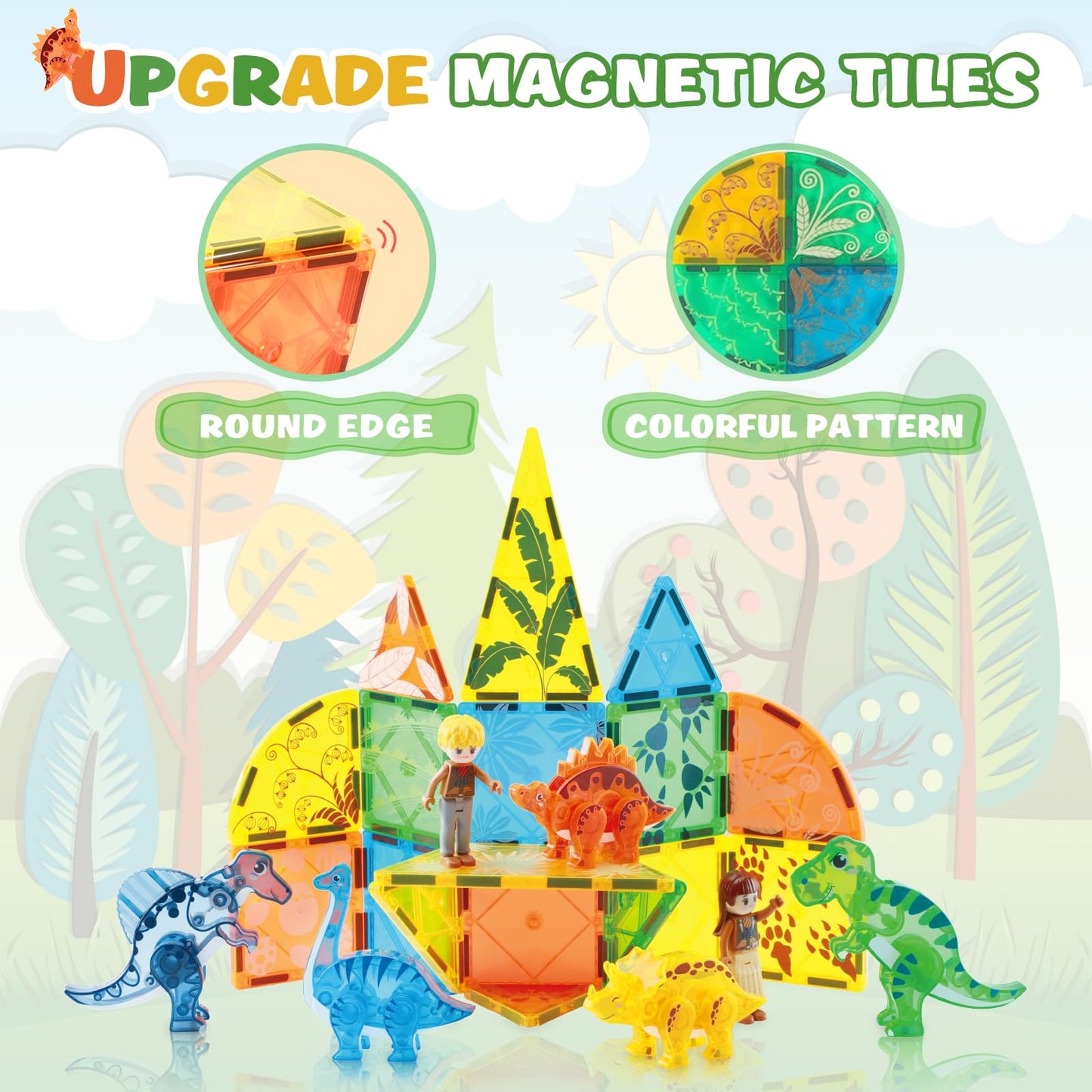 BENOKER Dinosaur Magnetic Tiles - 3D STEM Building Blocks for Kids 3-8