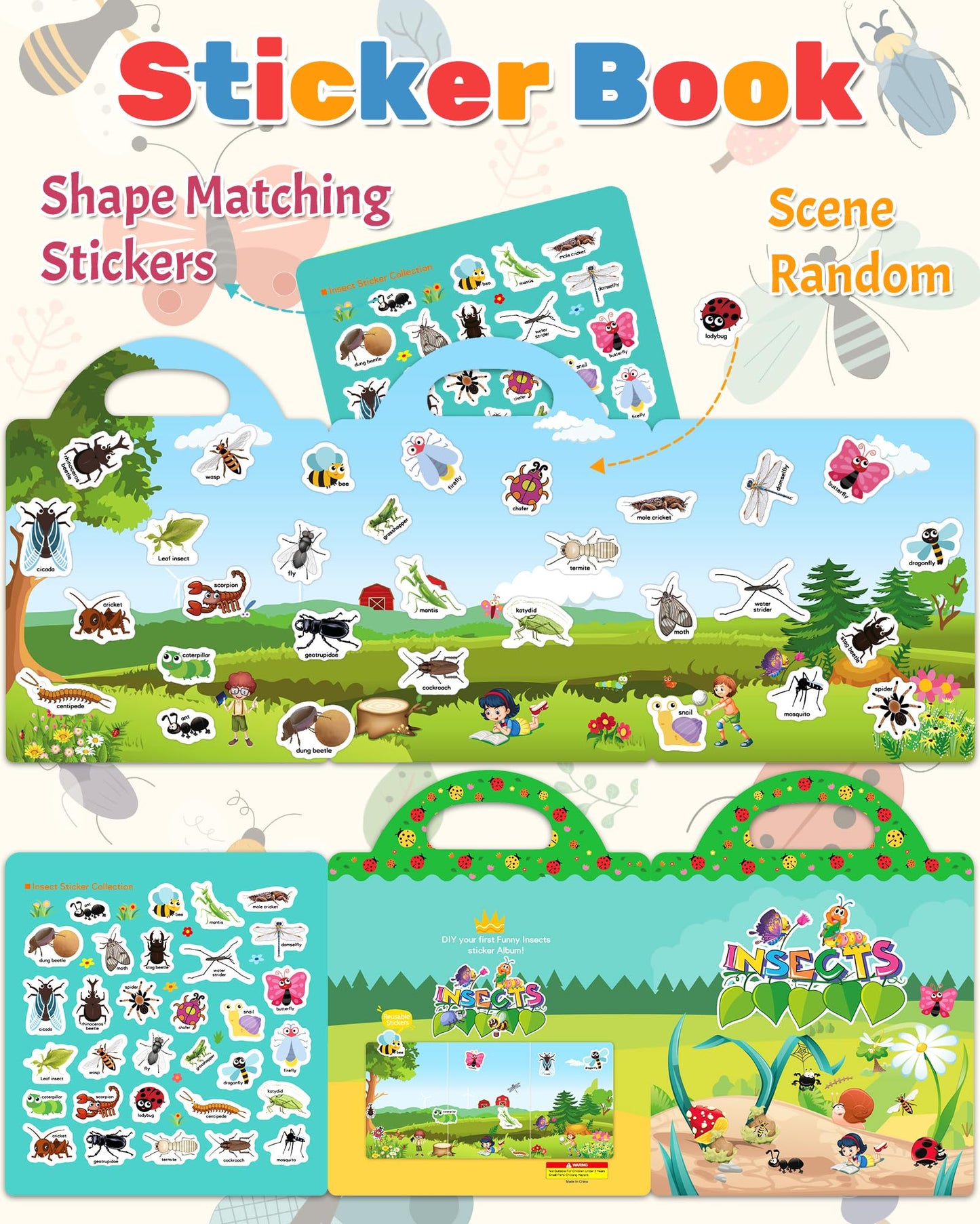 Benresive Reusable Insect Sticker Book for Toddlers – Portable, Screen-Free Craft Kit