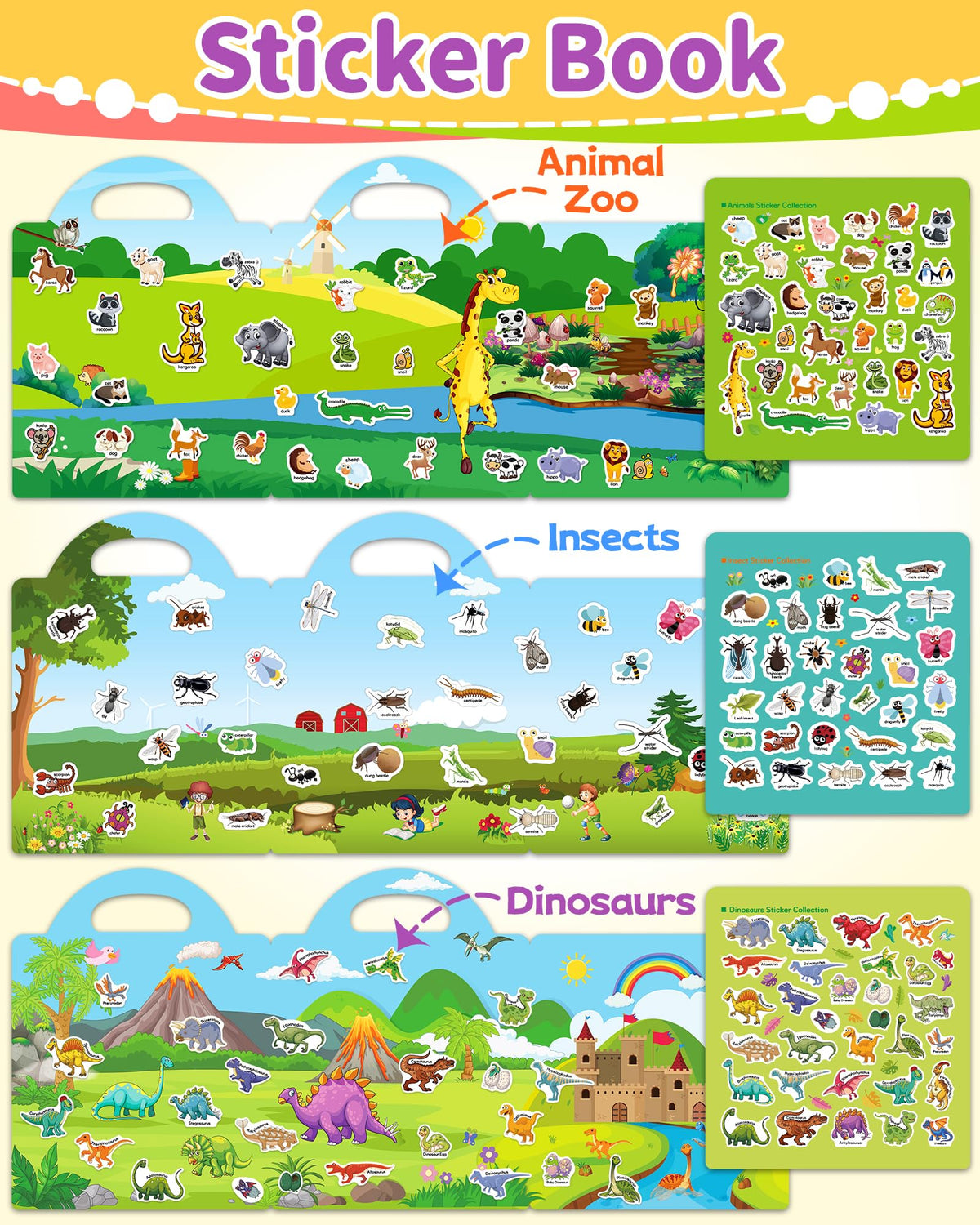 Benresive Reusable Sticker Books for Kids — Animals, Dinosaurs & Insects | Toddler Travel Toys (Ages 3+)