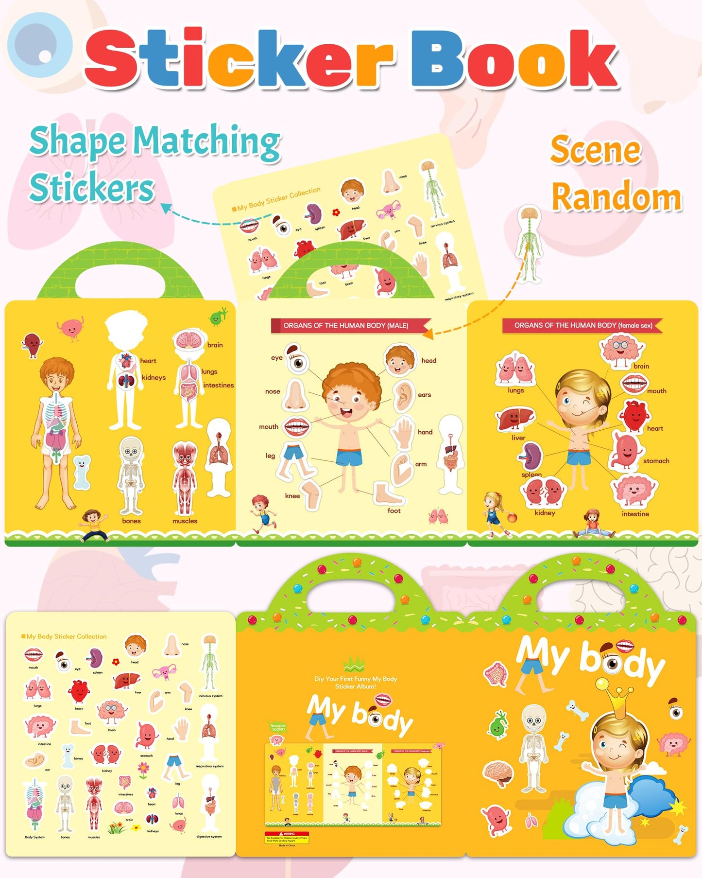 Benresive Reusable Sticker Book for Toddlers – My Body Theme, Portable Travel Craft