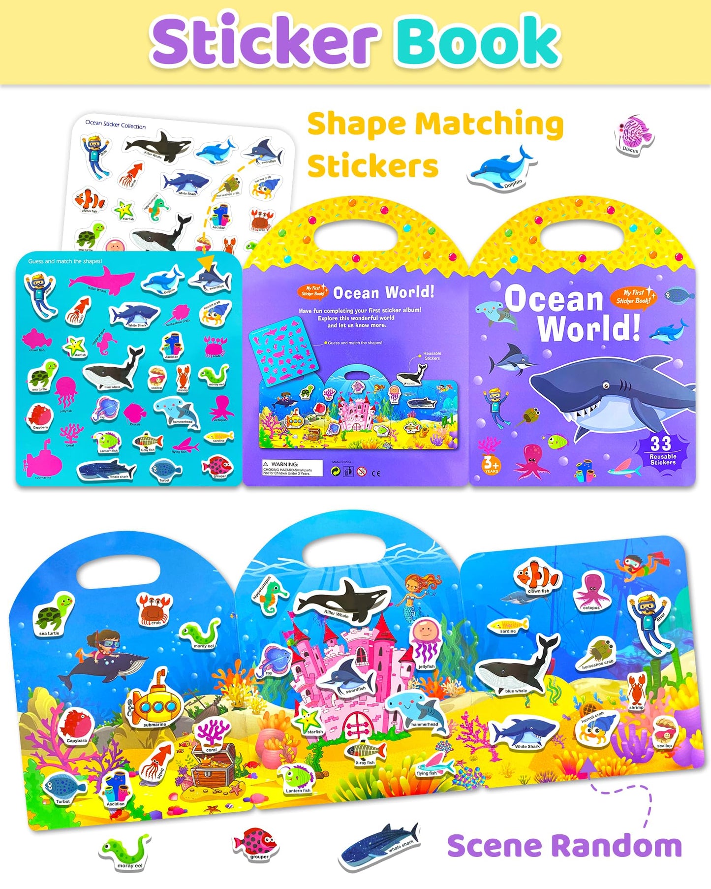 Benresive Ocean World Reusable Sticker Book for Toddlers – Portable 33-Piece Ocean Animals Sticker Set