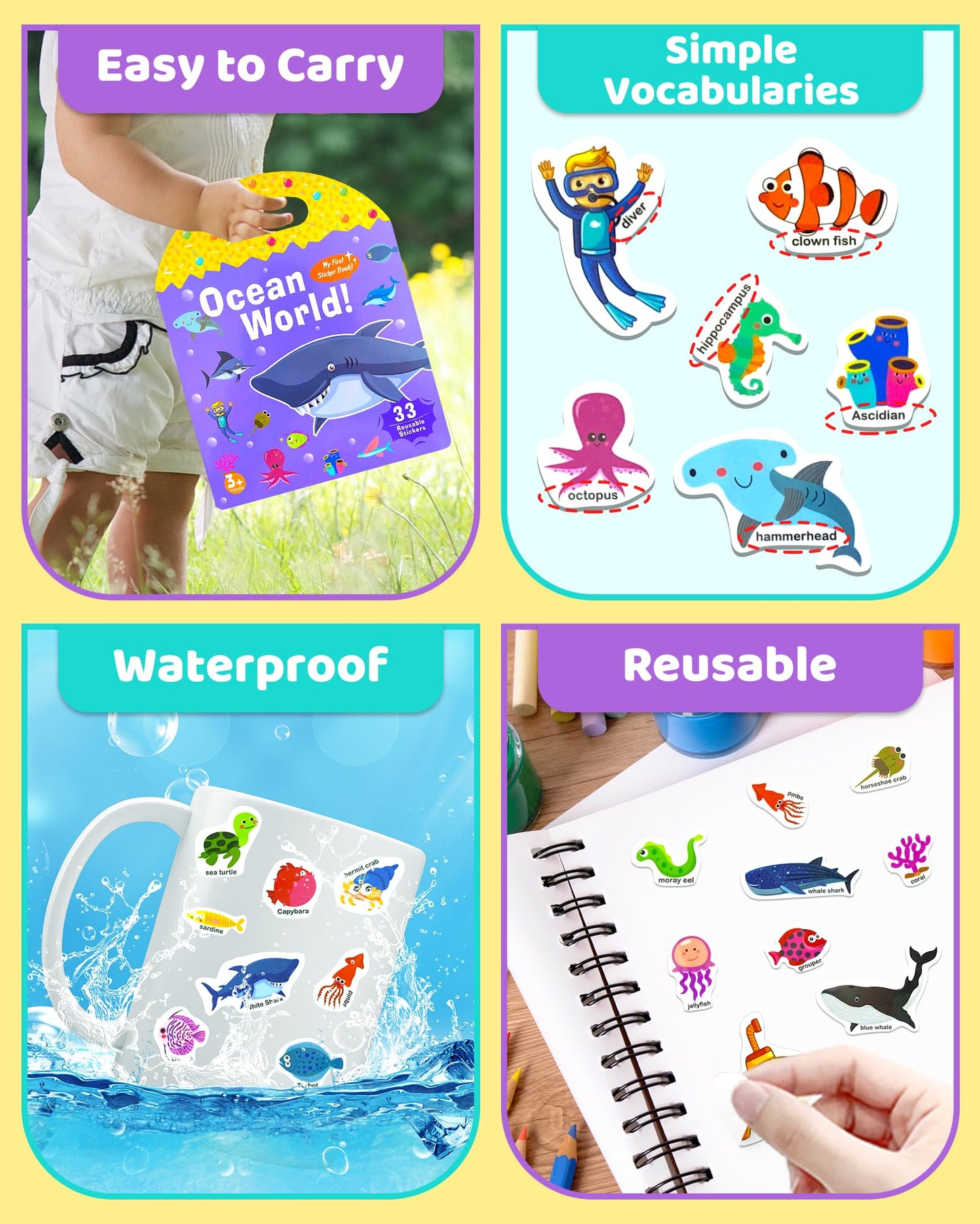 Benresive Ocean World Reusable Sticker Book for Toddlers – Portable 33-Piece Ocean Animals Sticker Set
