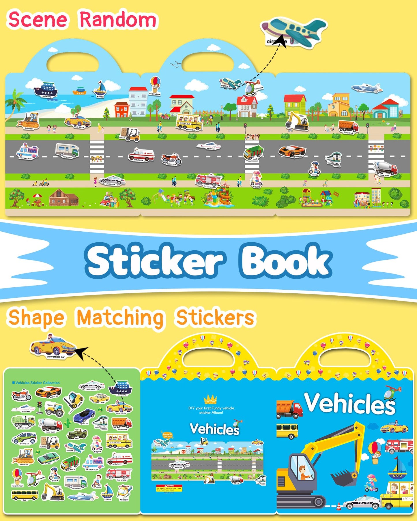 Benresive Reusable Sticker Book for Toddlers – Vehicle Theme Travel Stickers, Screen-Free Fun (3+ Years)