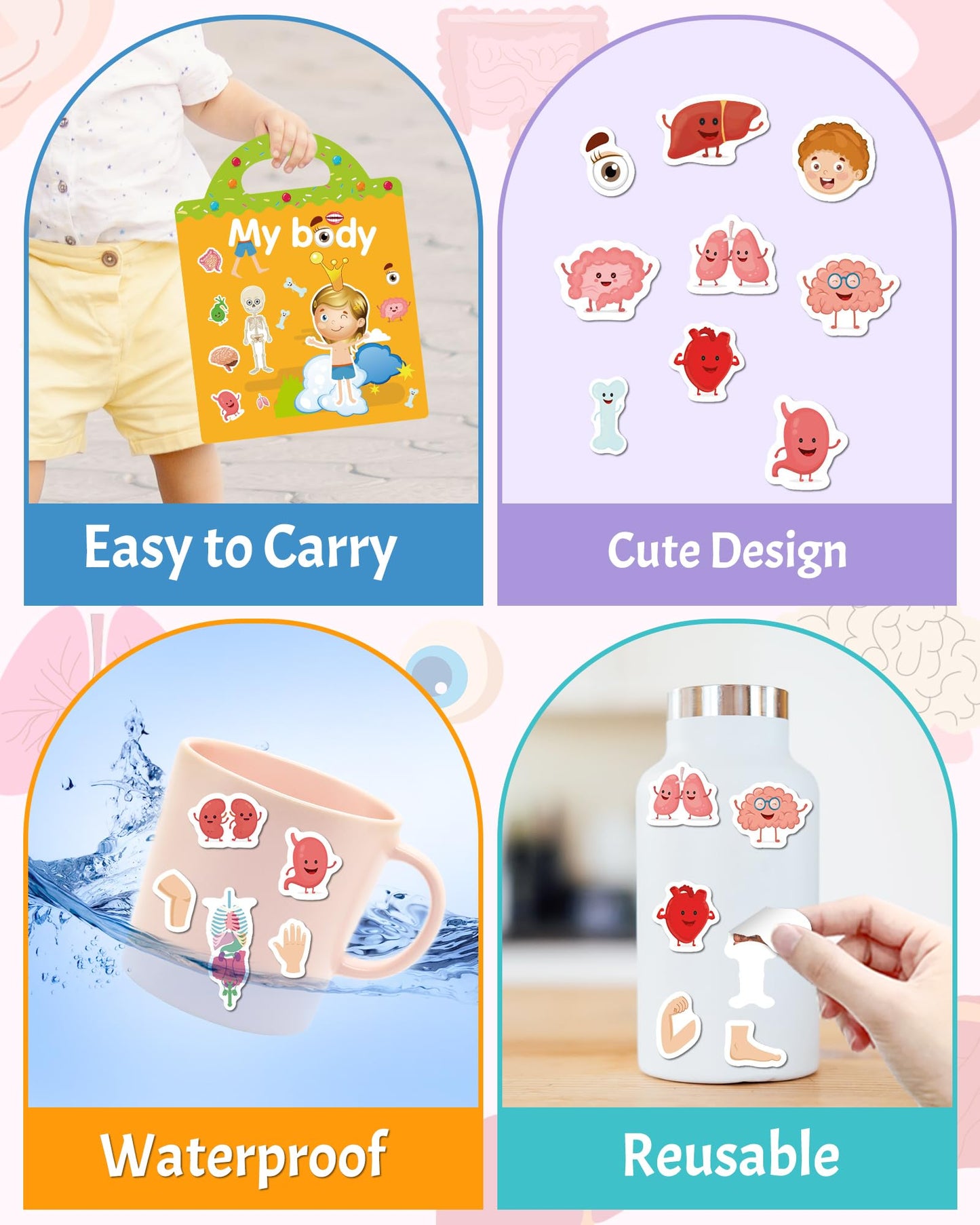 Benresive Reusable Sticker Book for Toddlers – My Body Theme, Portable Travel Craft