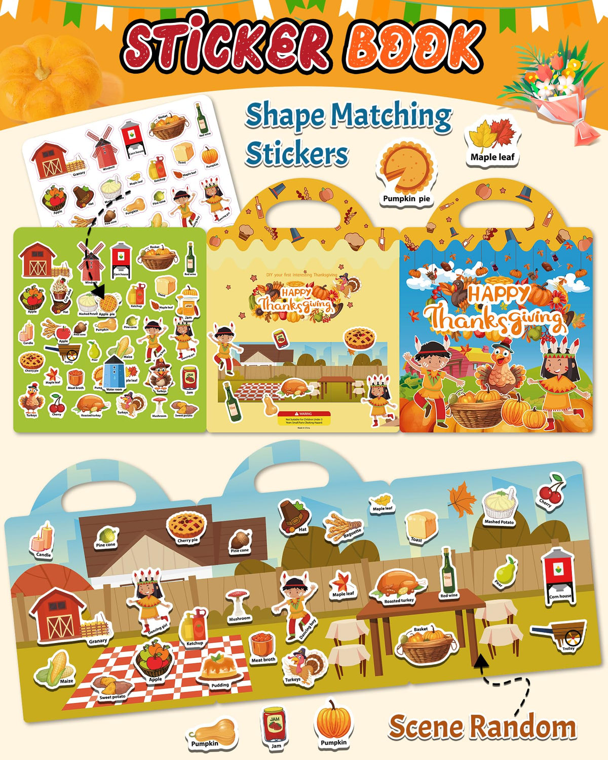 Benresive Reusable Thanksgiving Sticker Book for Toddlers – Travel-Friendly, 36 Pieces