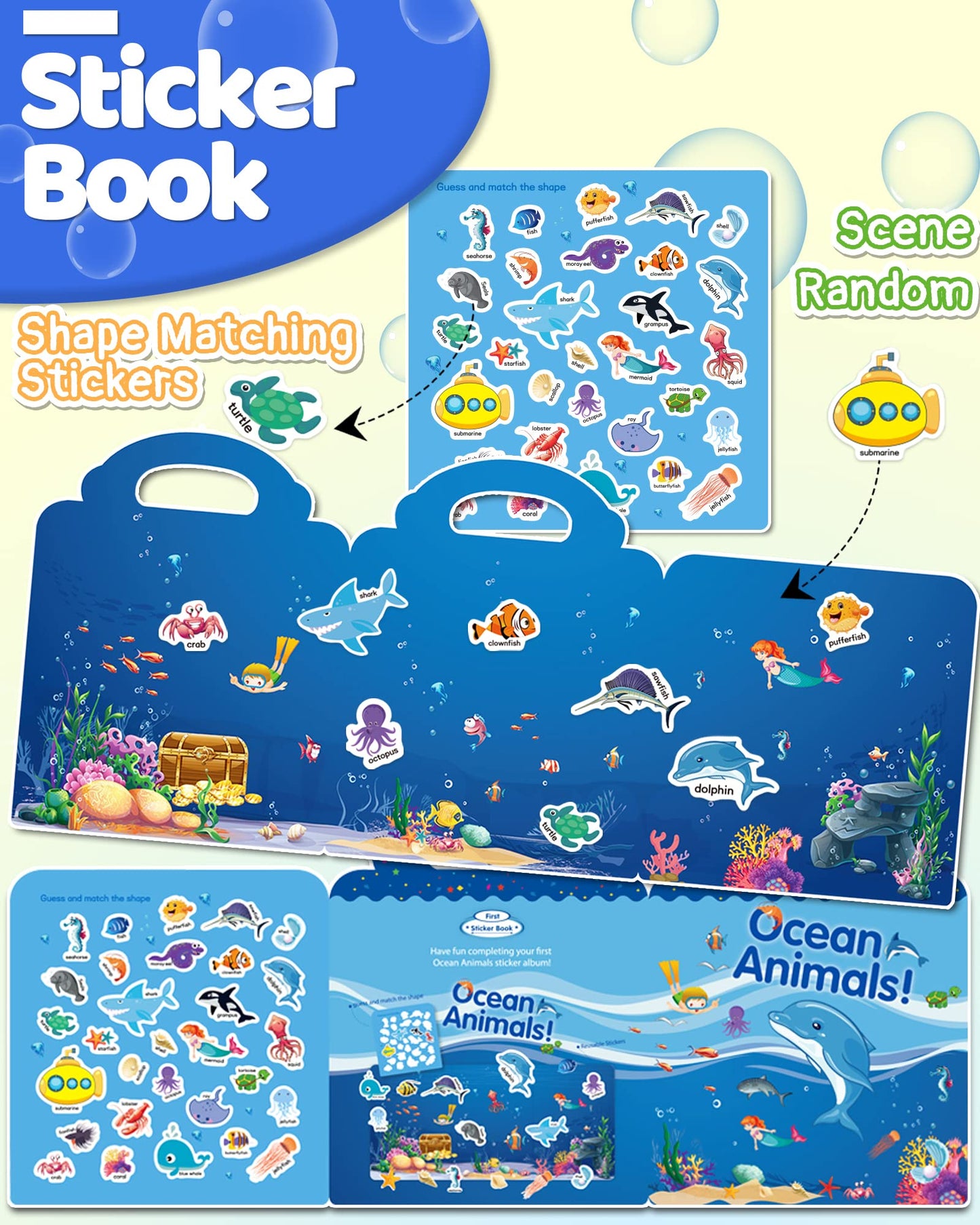Benresive Reusable Sticker Book for Toddlers - Ocean Animals, Travel Activity (3+)