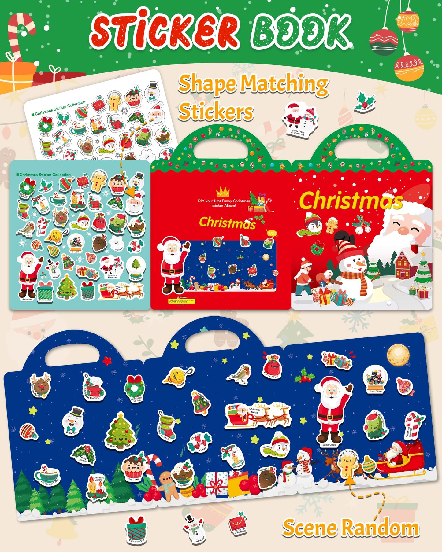Benresive Reusable Sticker Book for Toddlers – Christmas Stickers, Portable Travel Activity