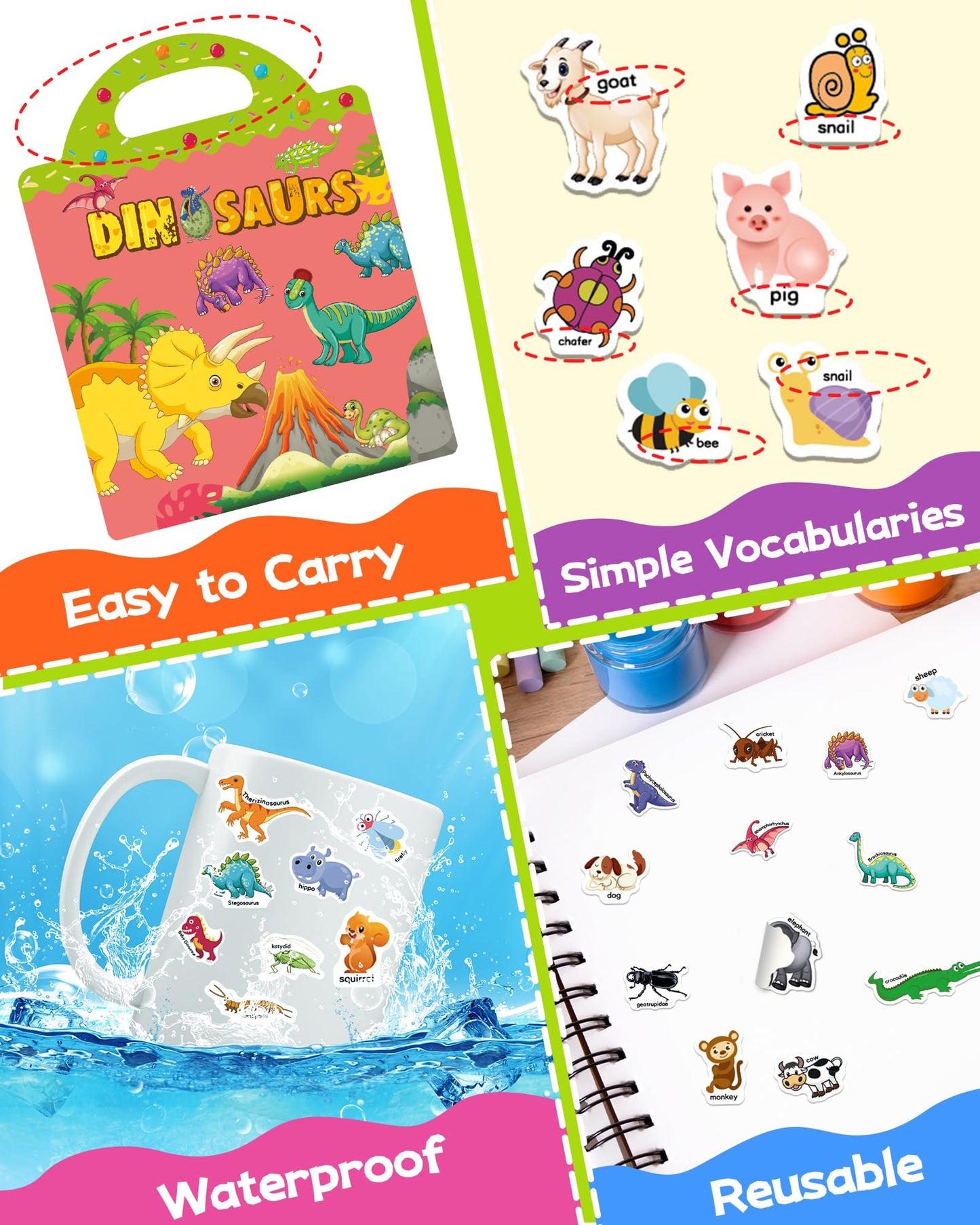 Benresive Reusable Sticker Books for Kids — Animals, Dinosaurs & Insects | Toddler Travel Toys (Ages 3+)