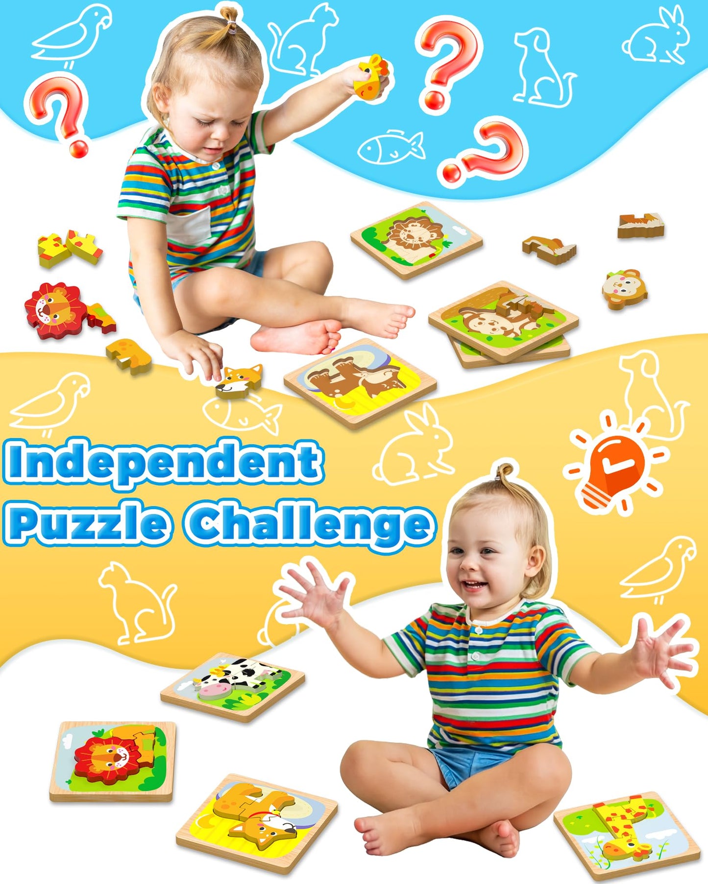 Benresive Wooden Toddler Puzzles — 12-Piece Animal Montessori Toys for 1-3 Year Olds