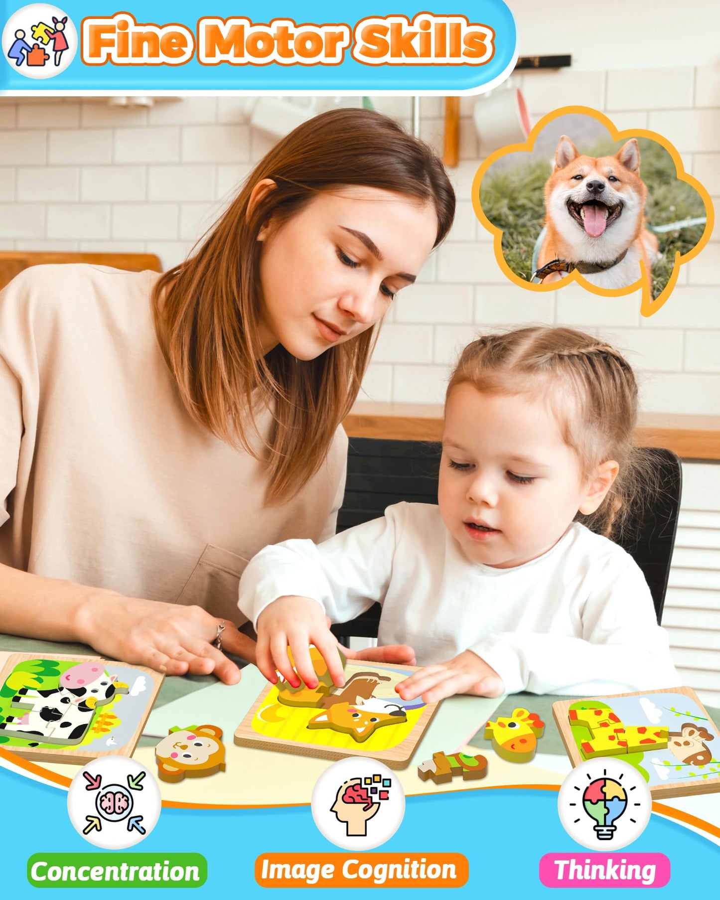 Benresive Wooden Toddler Puzzles — 12-Piece Animal Montessori Toys for 1-3 Year Olds