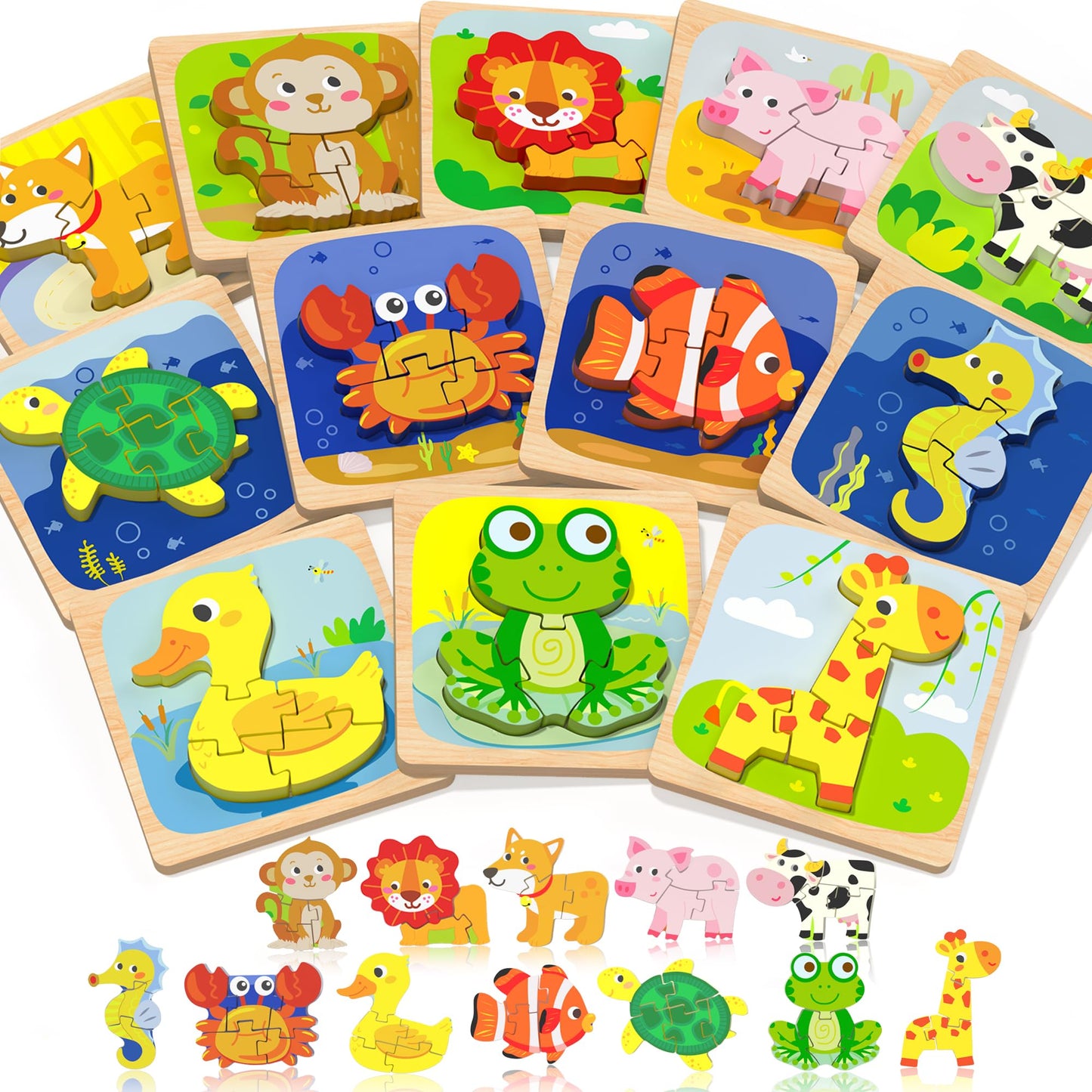Benresive Wooden Toddler Puzzles — 12-Piece Animal Montessori Toys for 1-3 Year Olds