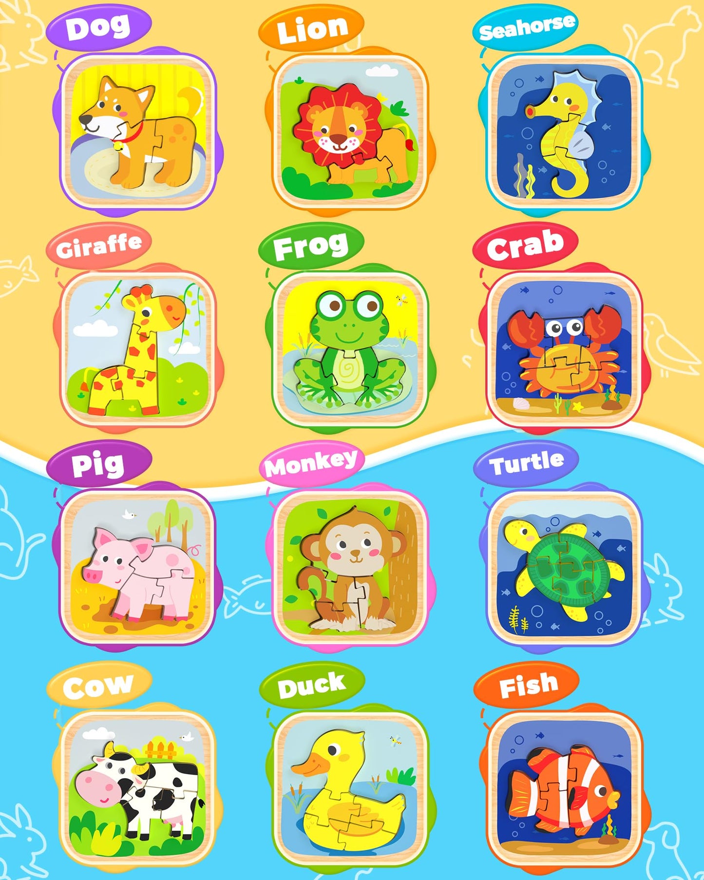 Benresive Wooden Toddler Puzzles — 12-Piece Animal Montessori Toys for 1-3 Year Olds