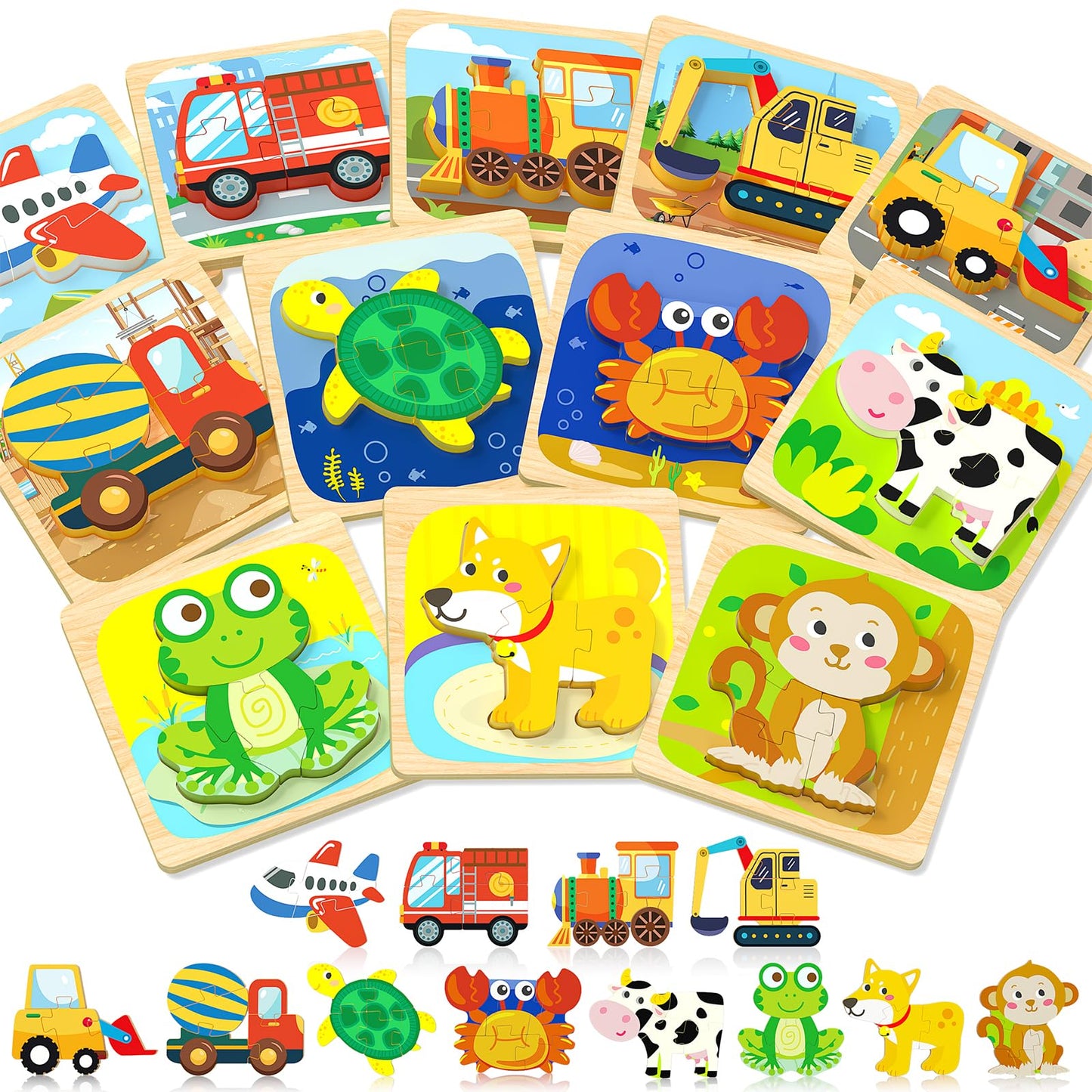 Benresive Wooden Toddler Puzzles – Montessori Vehicle Toys for 1–3 Year Old Boys (12-Pack)