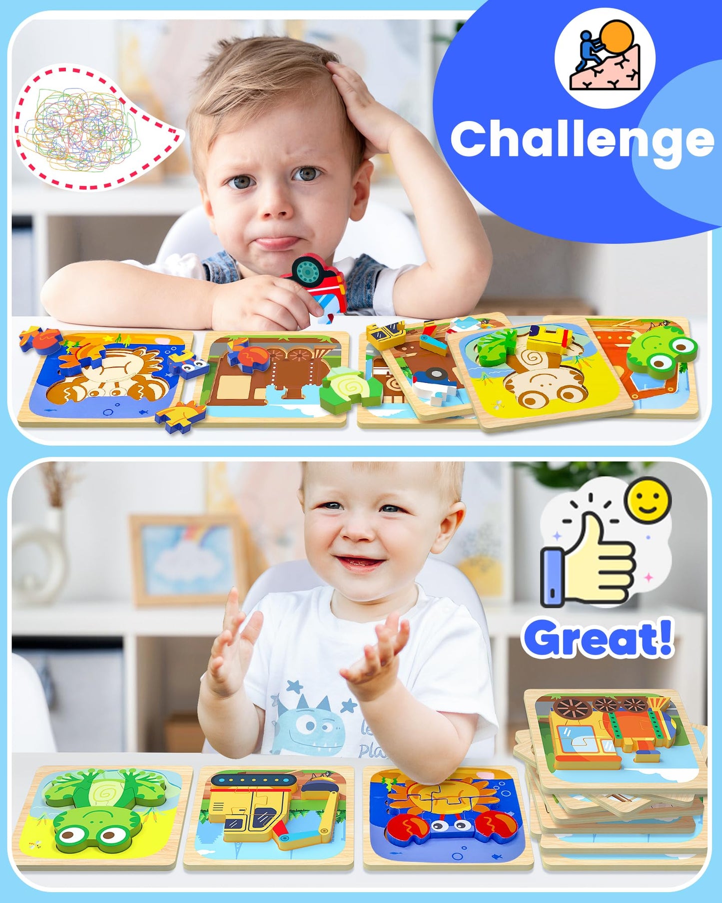Benresive Wooden Toddler Puzzles – Montessori Vehicle Toys for 1–3 Year Old Boys (12-Pack)