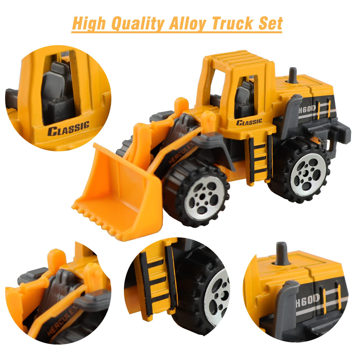BenRich 6Pcs Mini Die Cast Construction Trucks 1:64 Set – Dump, Excavator, Forklift, Mixer, Road Roller, Bulldozer