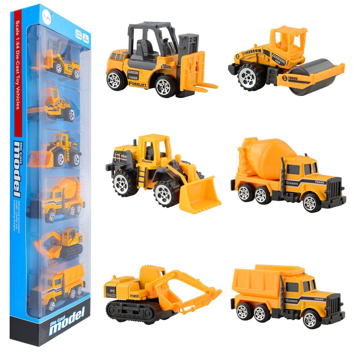 BenRich 6Pcs Mini Die Cast Construction Trucks 1:64 Set – Dump, Excavator, Forklift, Mixer, Road Roller, Bulldozer