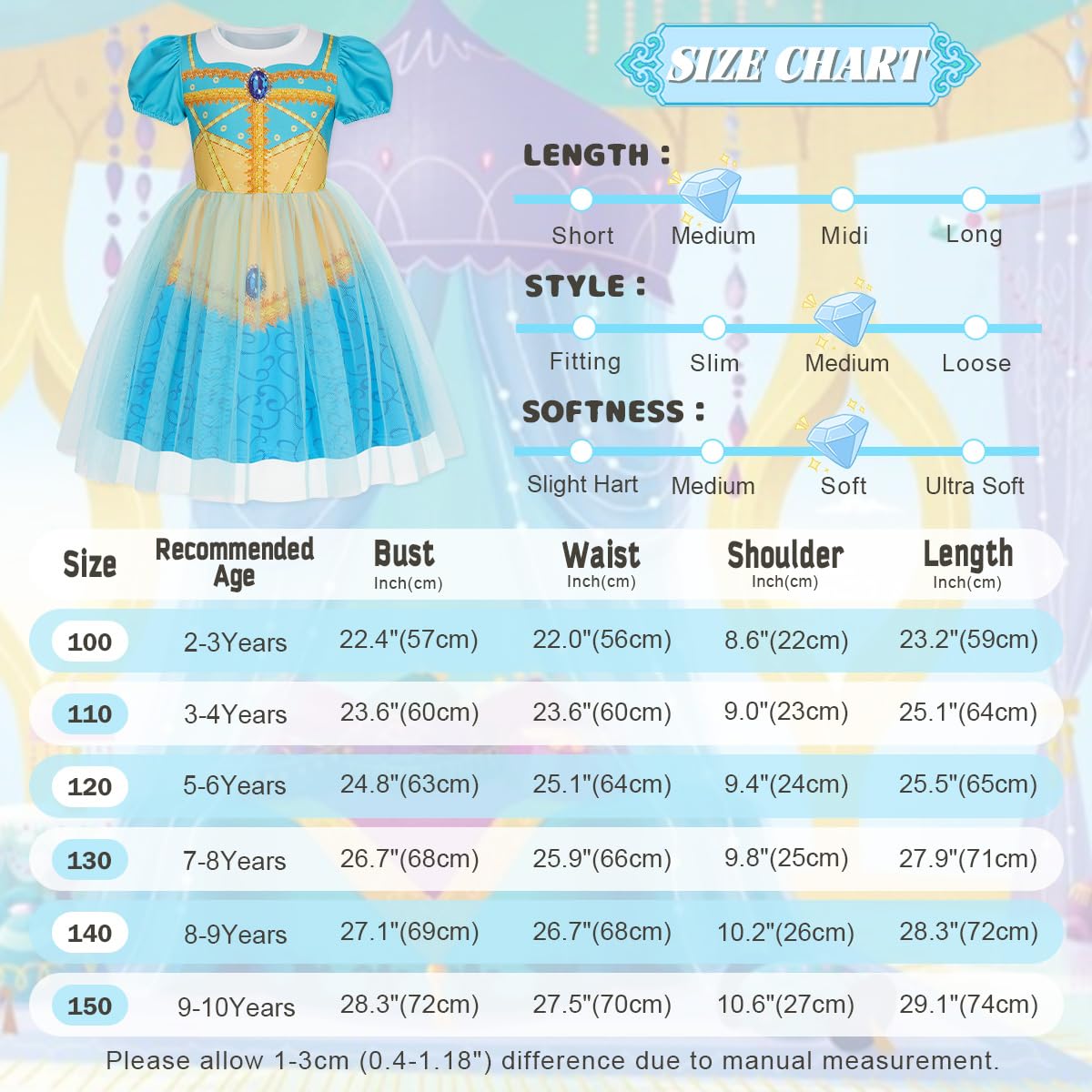 Benylion Girls Princess Dress Turquoise - Puff Sleeve Tulle Party Gown for 9-10 Years