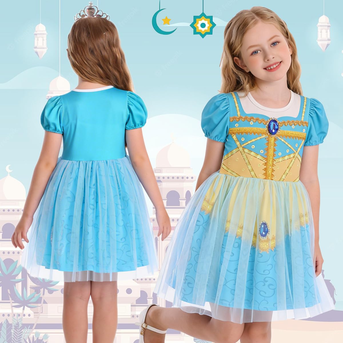 Benylion Girls Princess Dress Turquoise - Puff Sleeve Tulle Party Gown for 9-10 Years