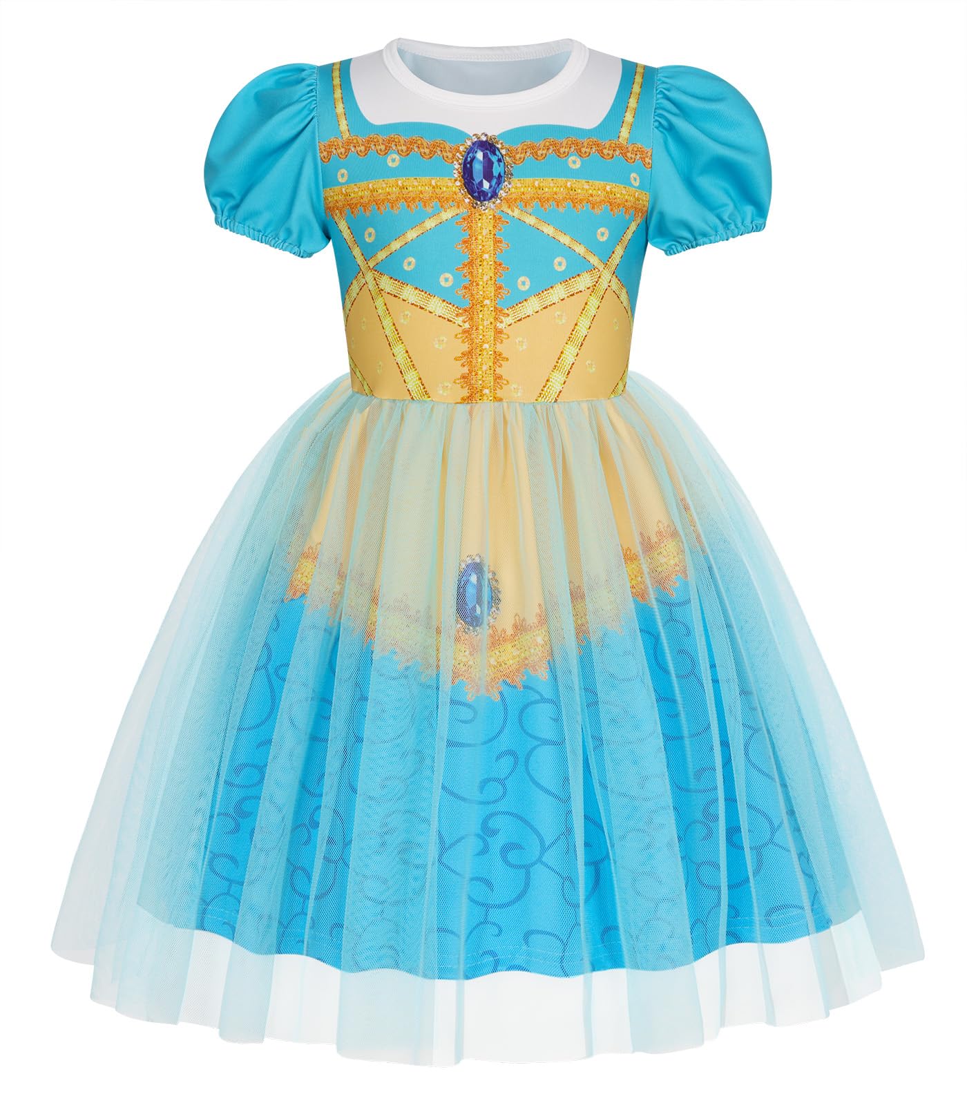 Benylion Girls Princess Dress Turquoise - Puff Sleeve Tulle Party Gown for 9-10 Years