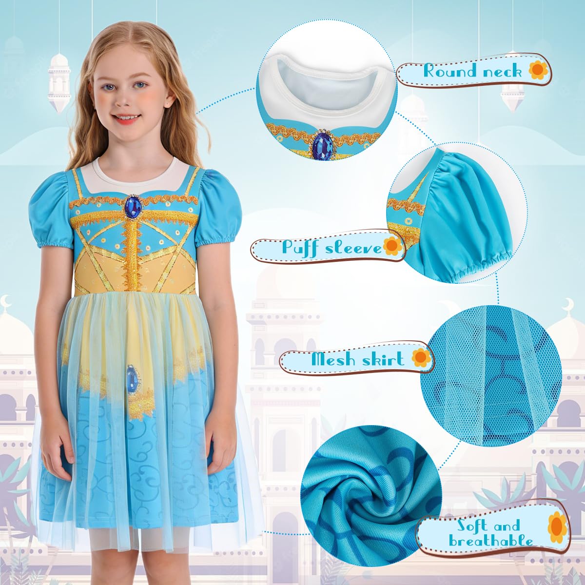 Benylion Girls Princess Dress Turquoise - Puff Sleeve Tulle Party Gown for 9-10 Years