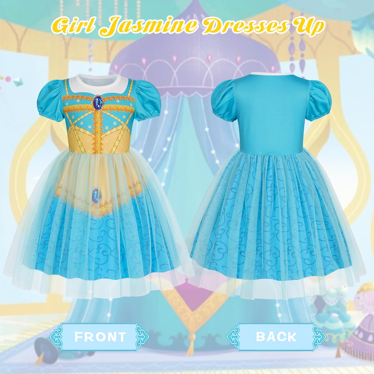Benylion Girls Princess Dress Turquoise - Puff Sleeve Tulle Party Gown for 9-10 Years