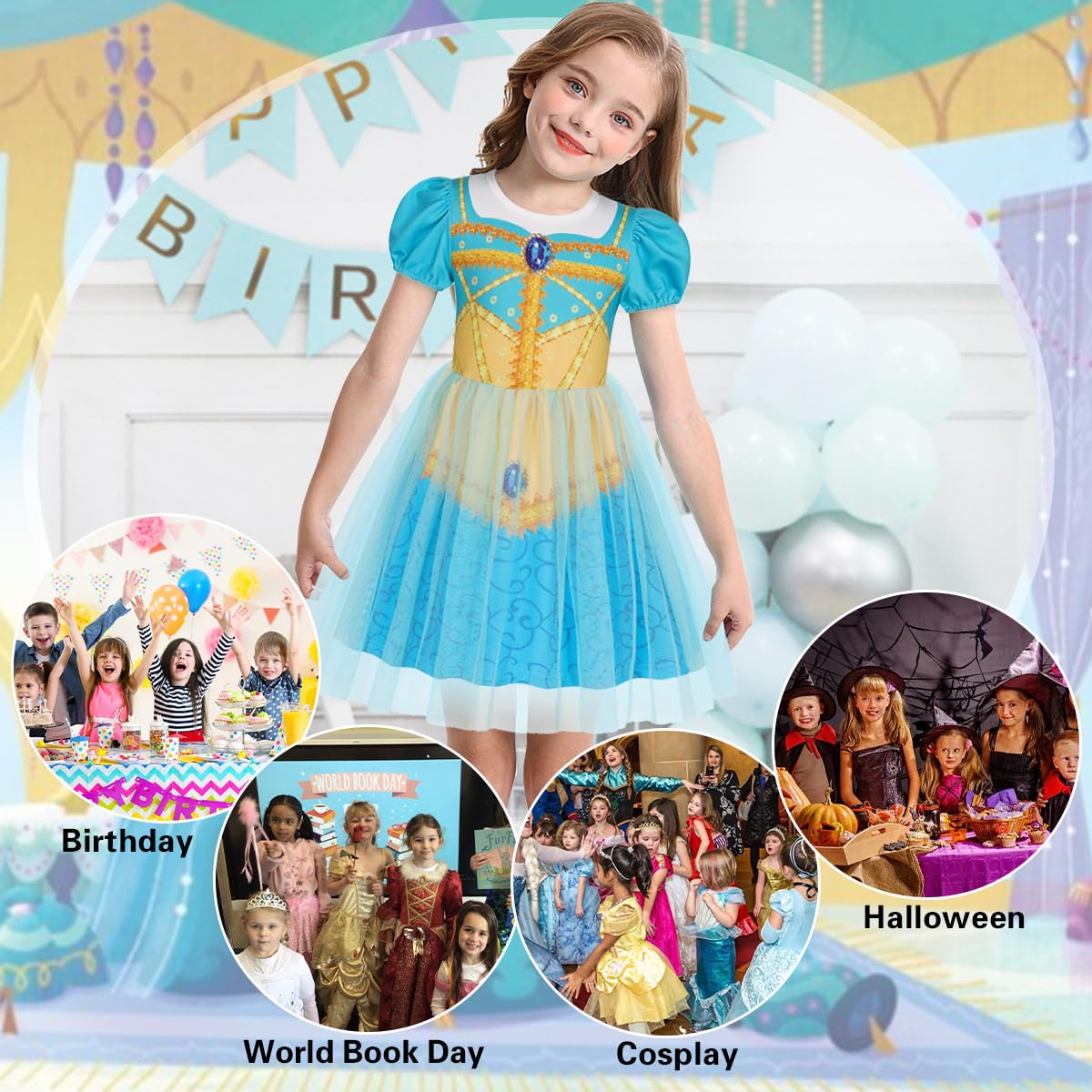 Benylion Girls Princess Dress Turquoise - Puff Sleeve Tulle Party Gown for 9-10 Years