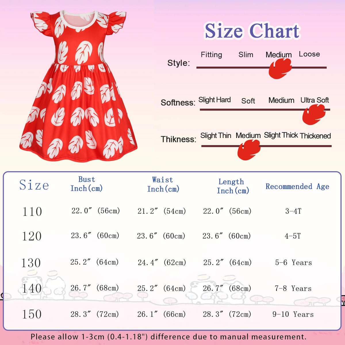Benylion Hawaiian Dress for Girls - Red Leaf Print, Age 9-10, Above the Knee