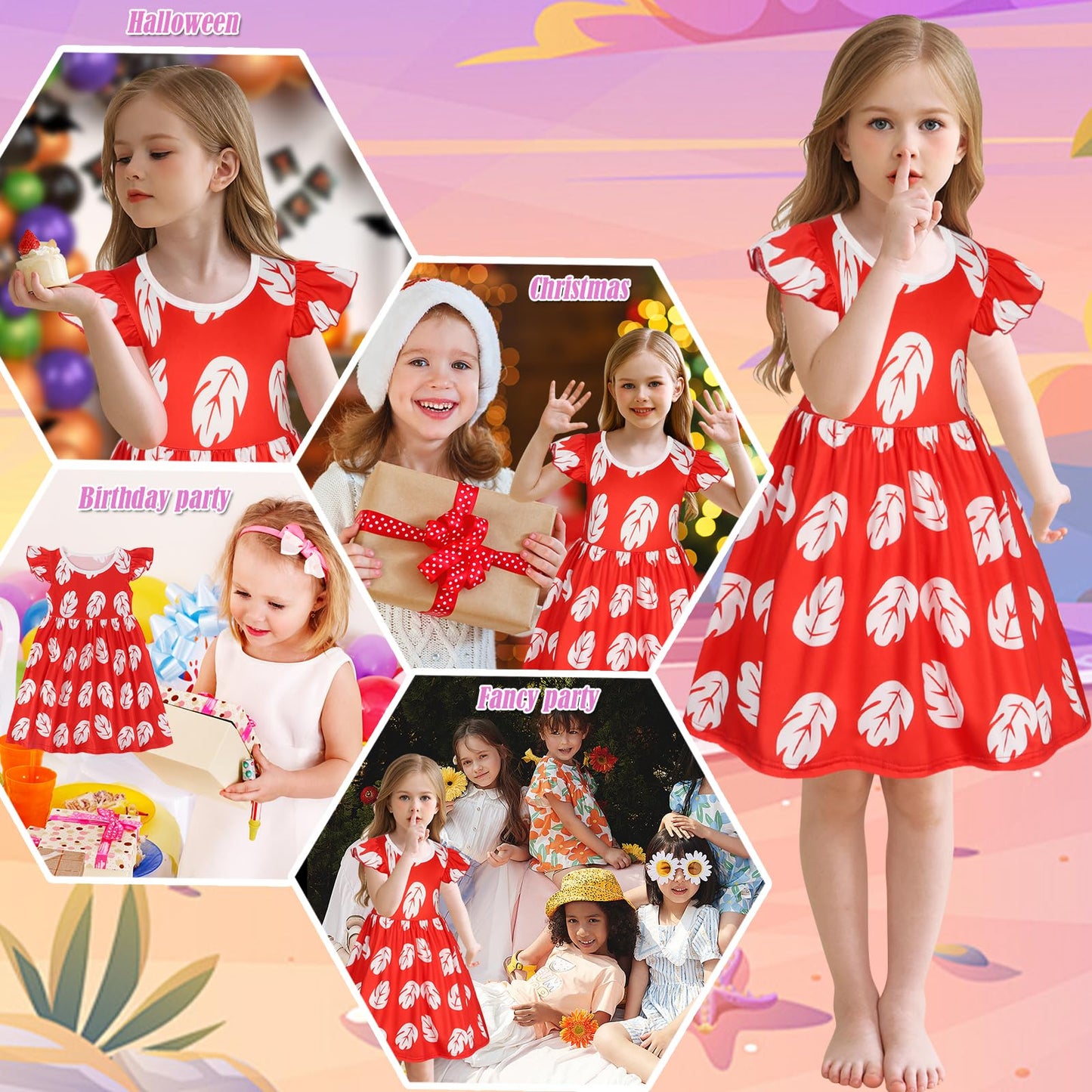 Benylion Hawaiian Dress for Girls - Red Leaf Print, Age 9-10, Above the Knee