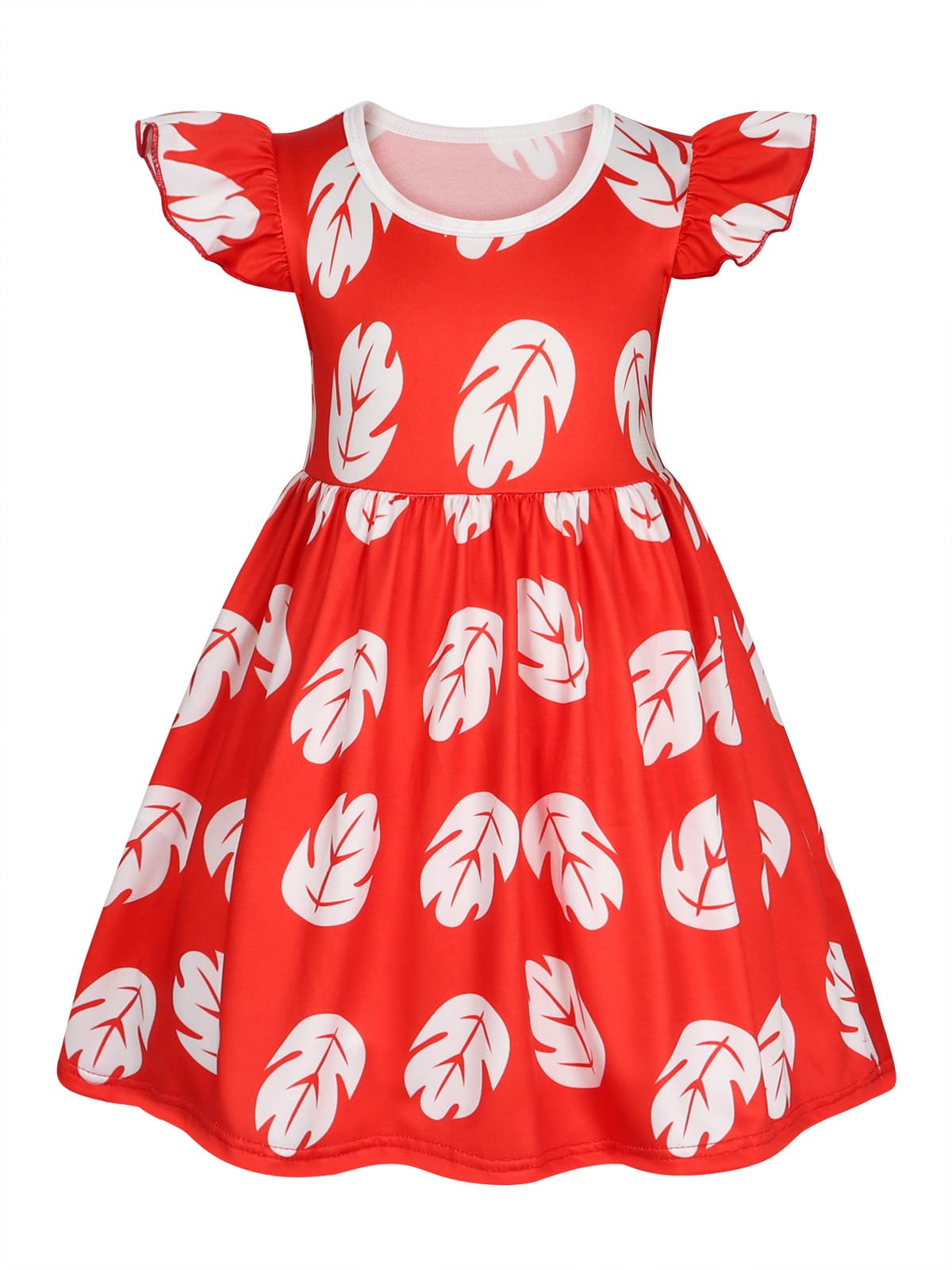 Benylion Hawaiian Dress for Girls - Red Leaf Print, Age 9-10, Above the Knee