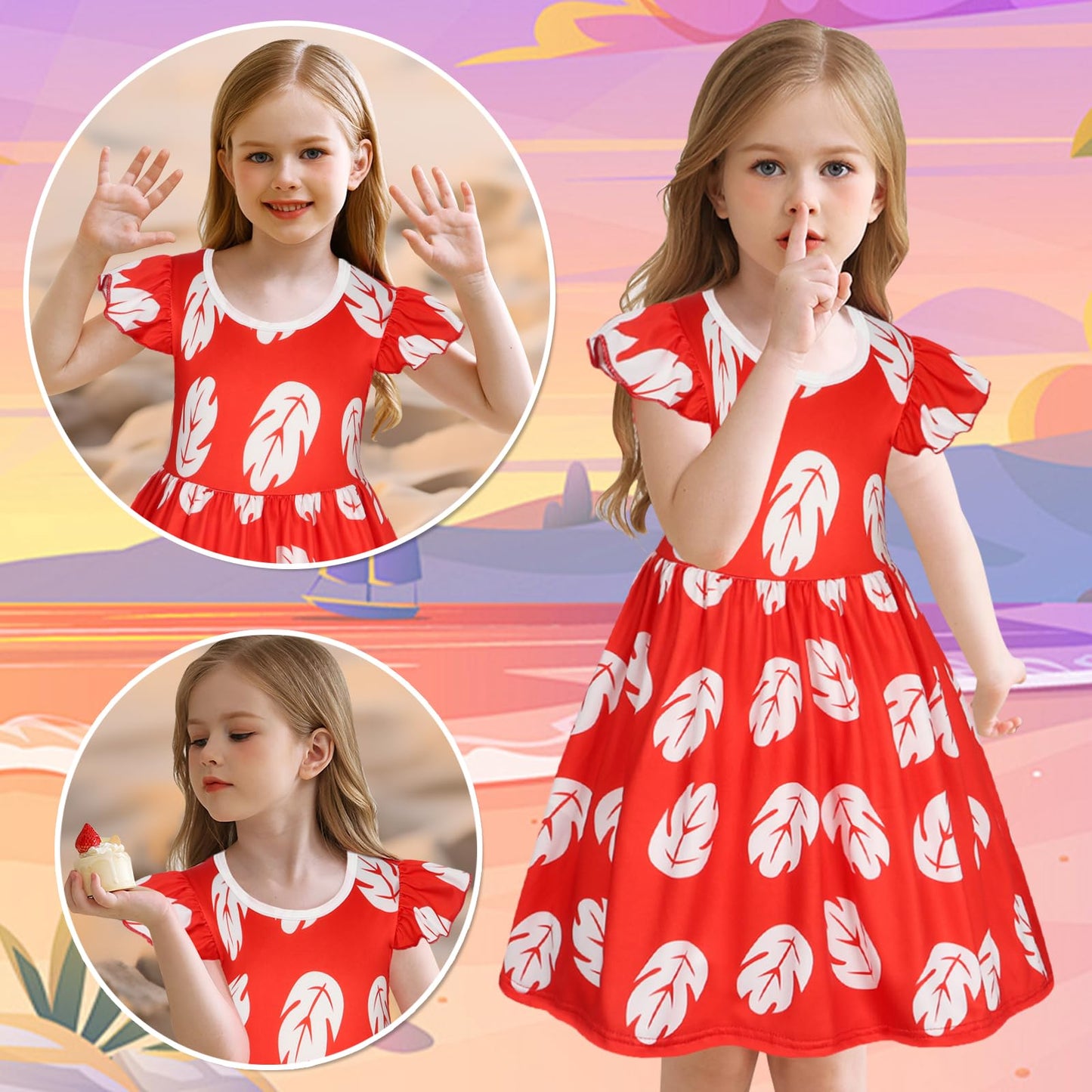 Benylion Hawaiian Dress for Girls - Red Leaf Print, Age 9-10, Above the Knee