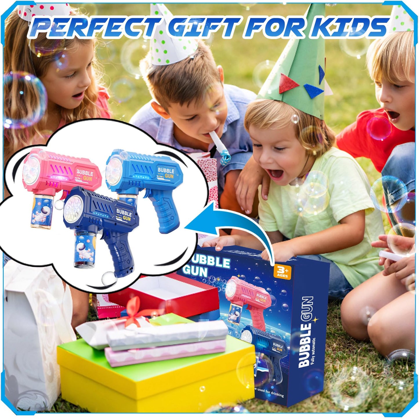 Beria 3 Packs Bubble Guns with 3 Solutions – Automatic Bubble Machine for Kids Ages 3-8