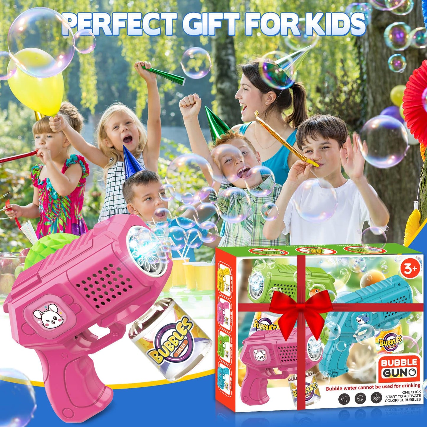Beria Bubble Guns 3-Pack with Bubble Solution | Light-Up Bubble Blasters for Kids