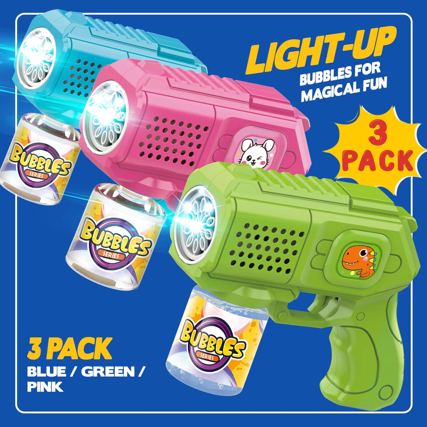 Beria Bubble Guns 3-Pack with Bubble Solution | Light-Up Bubble Blasters for Kids