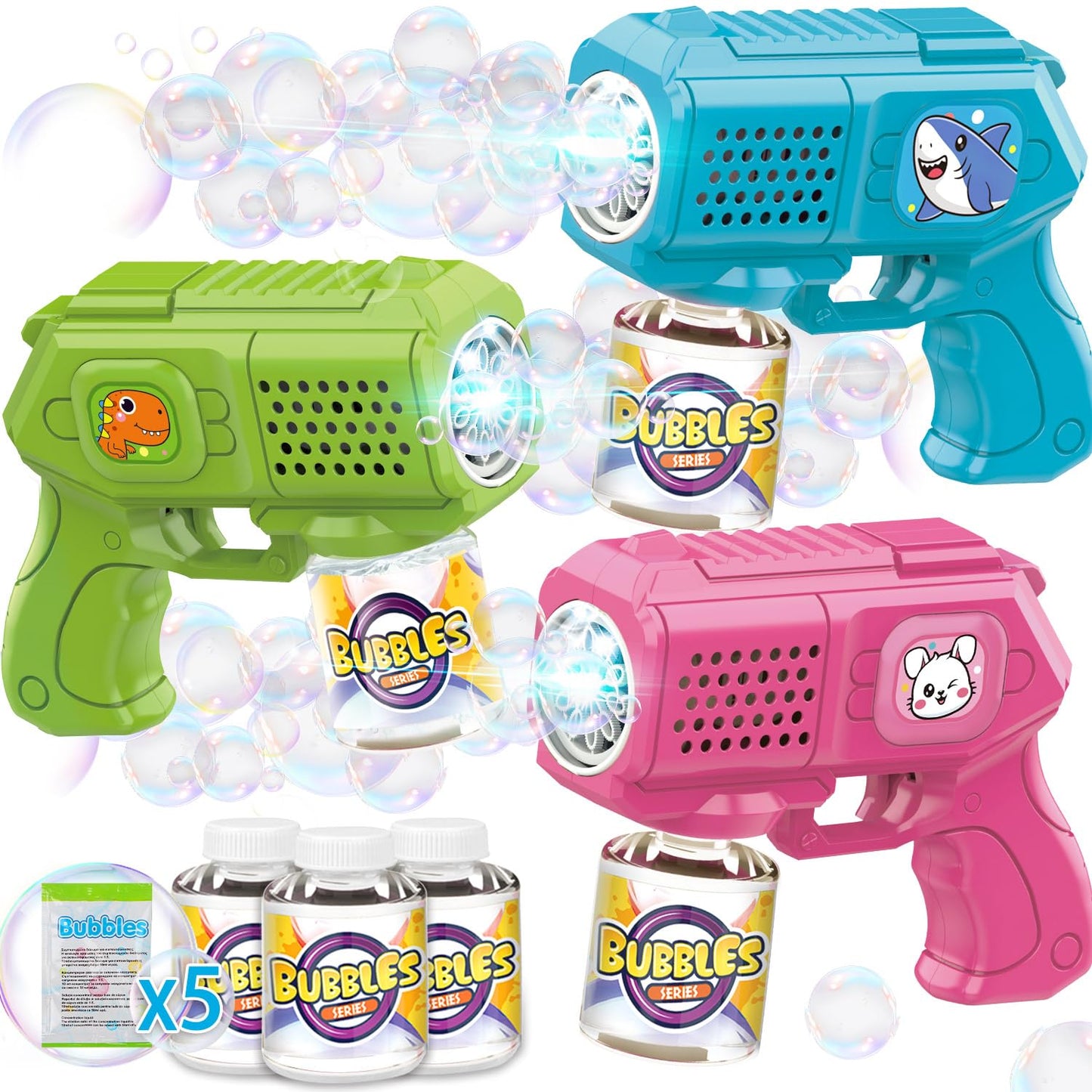 Beria Bubble Guns 3-Pack with Bubble Solution | Light-Up Bubble Blasters for Kids