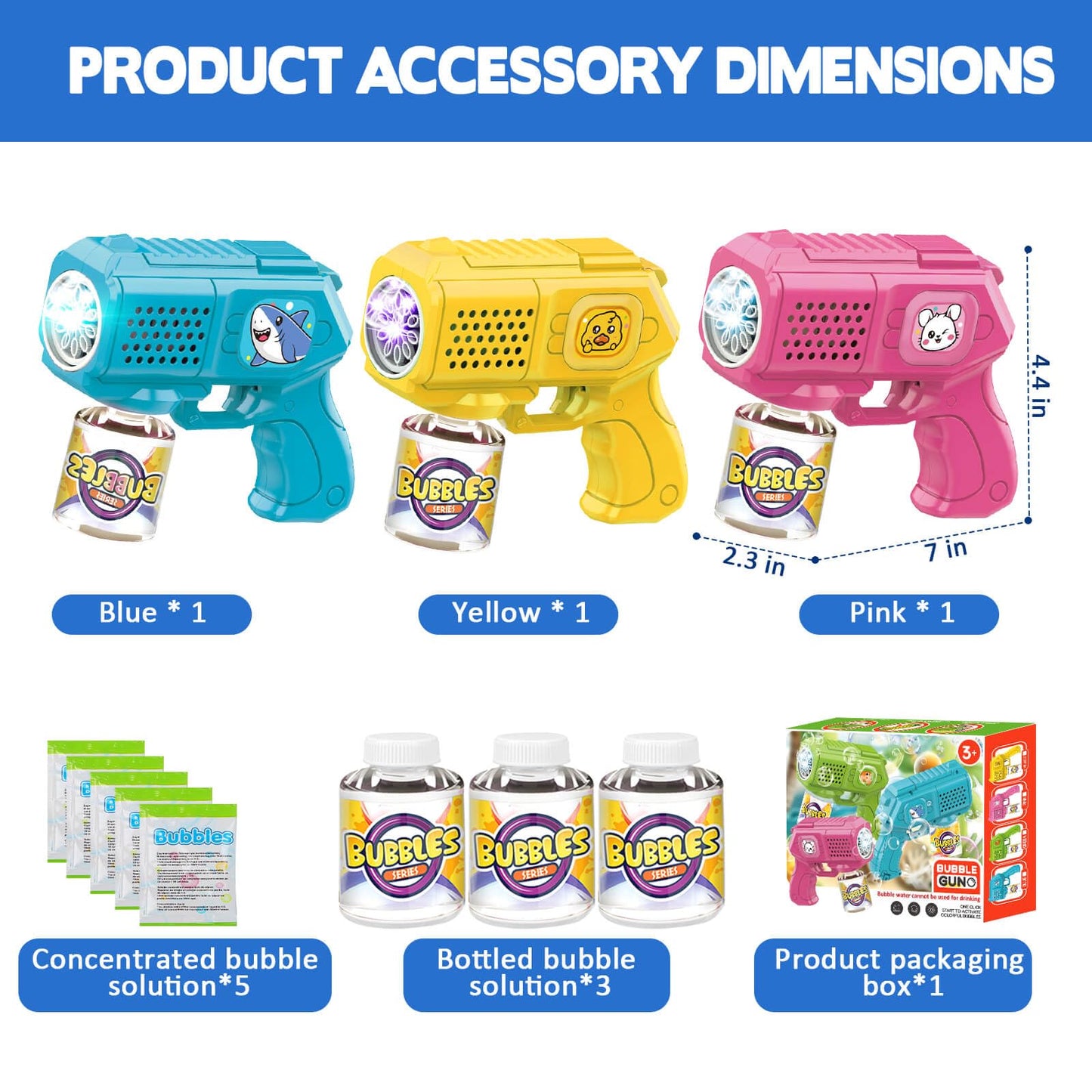 Beria Bubble Guns 3-Pack with Solution | Light-Up Blasters for Kids 3-8